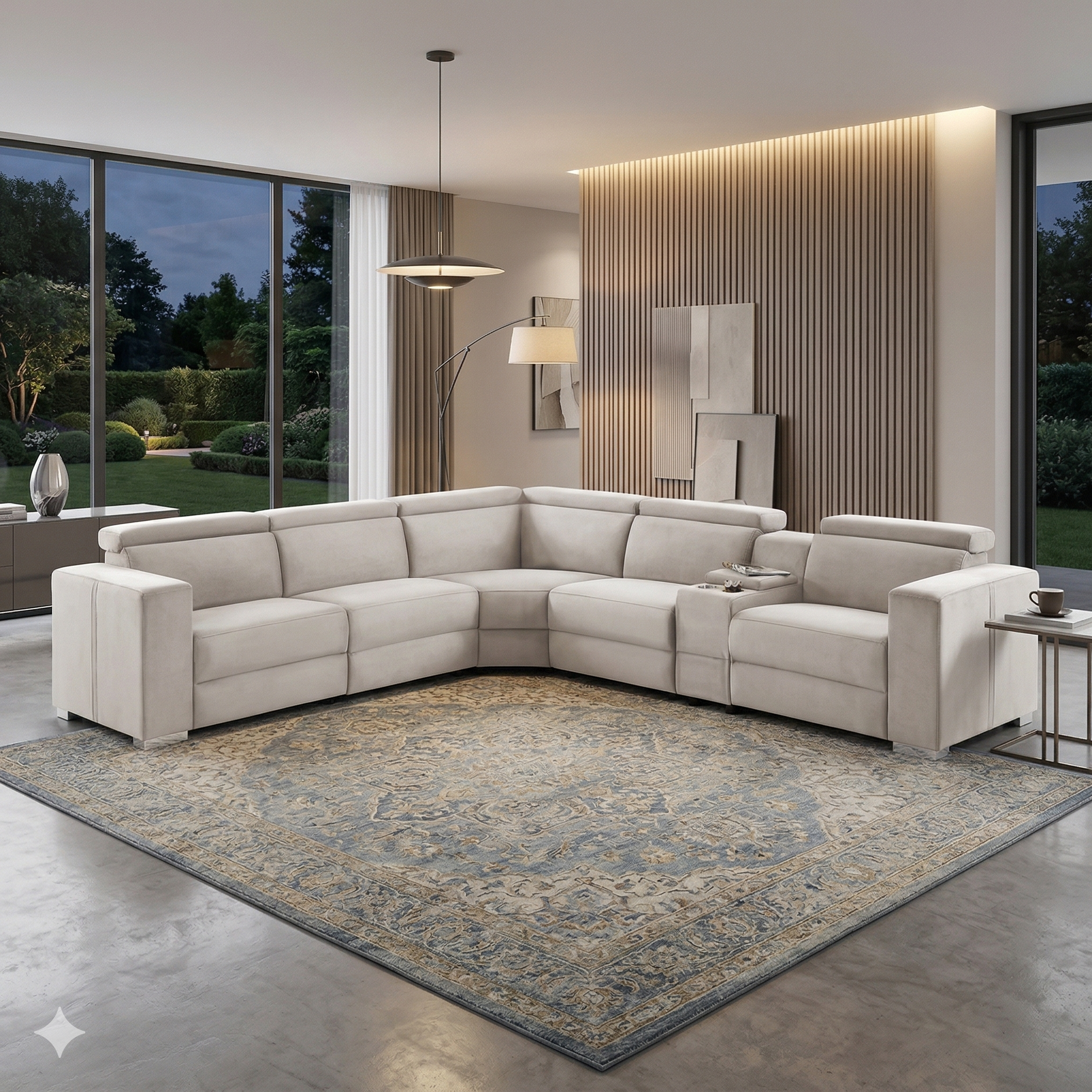 Light Grey sectional sofa in a modern living room with large windows and decorative rug.