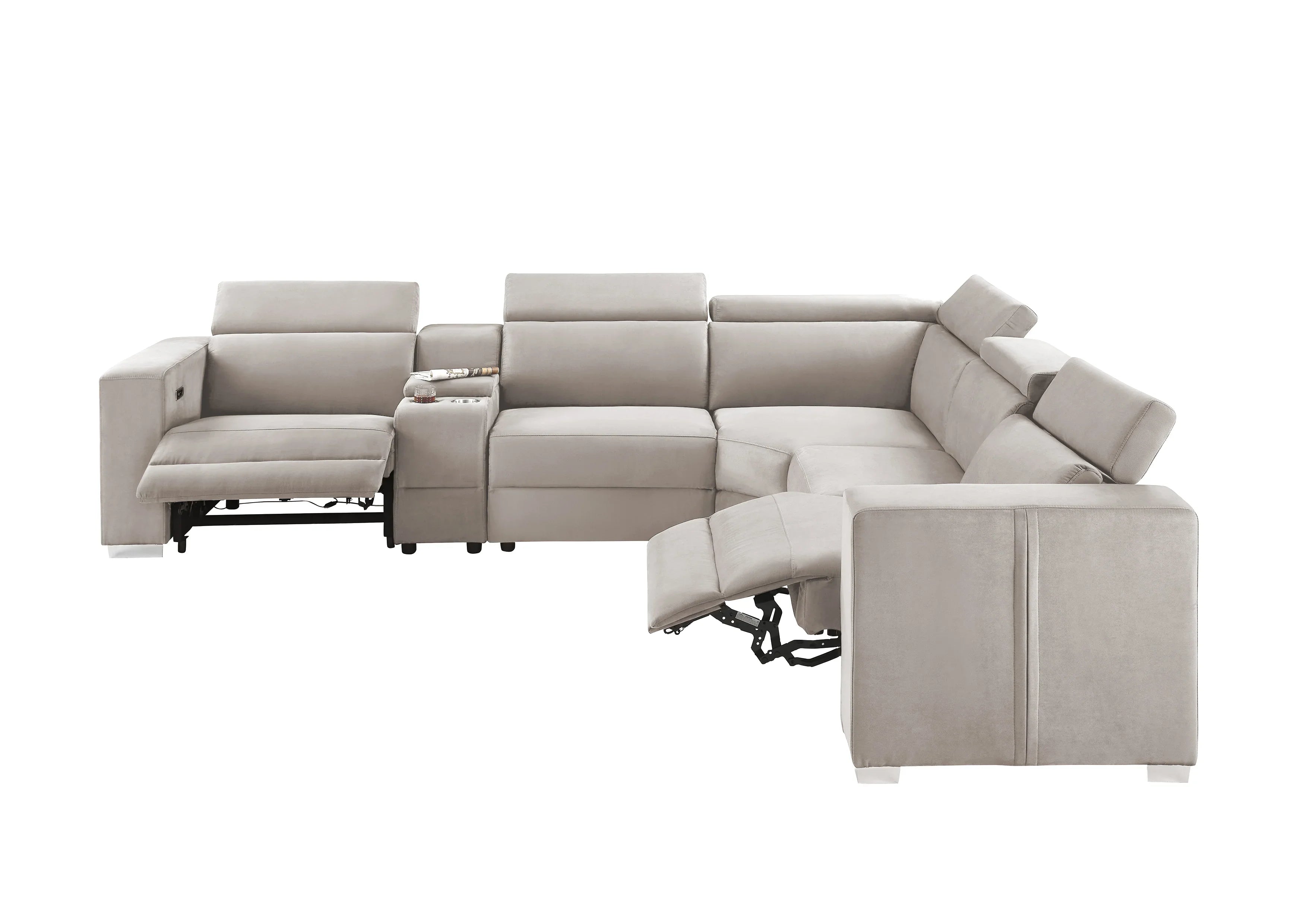 Beige sectional sofa with reclining seats on a white background