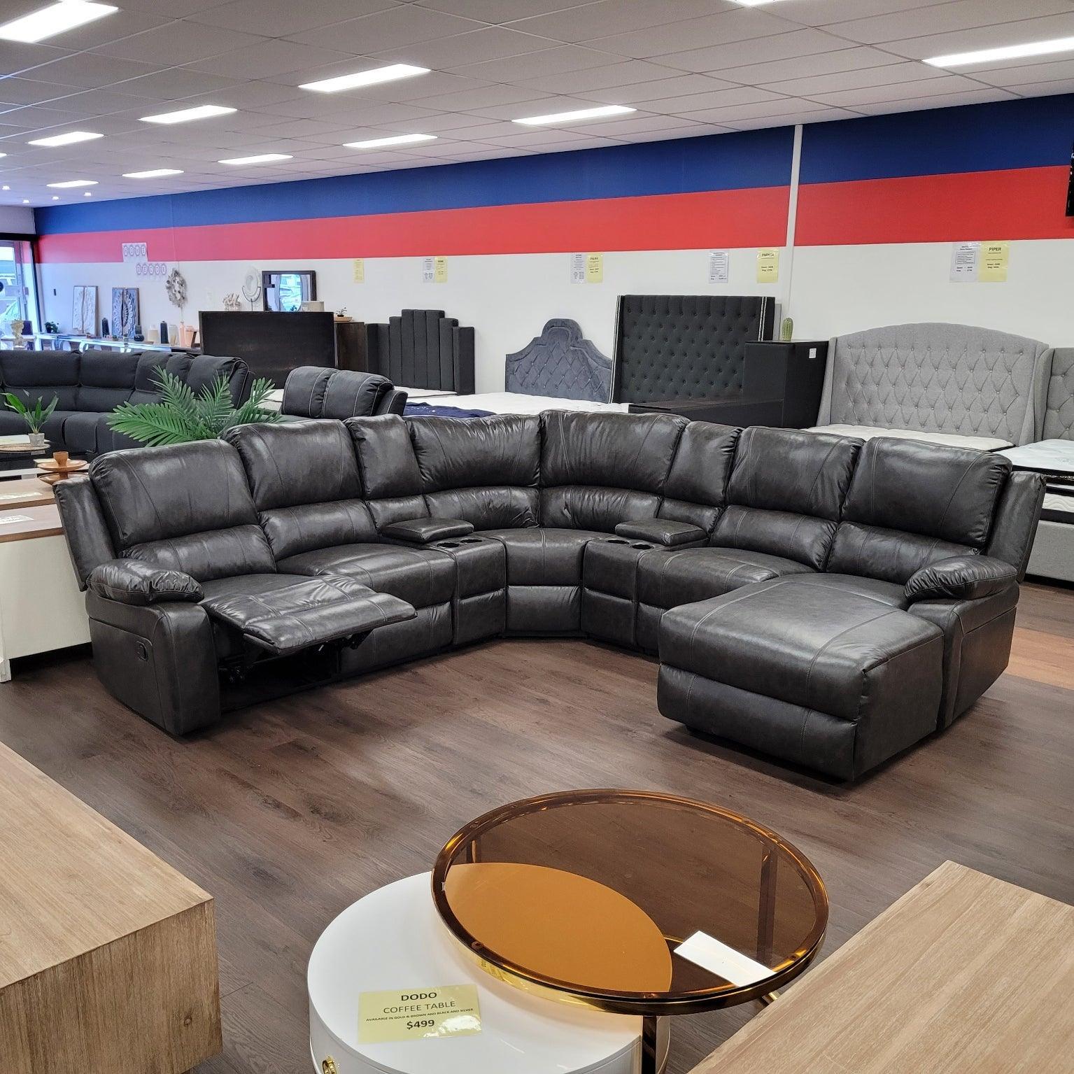 Santa Cruz Corner Recliner Sofa - Dark Grey Air Leather, Cupholders, Chaise, 5-Seater