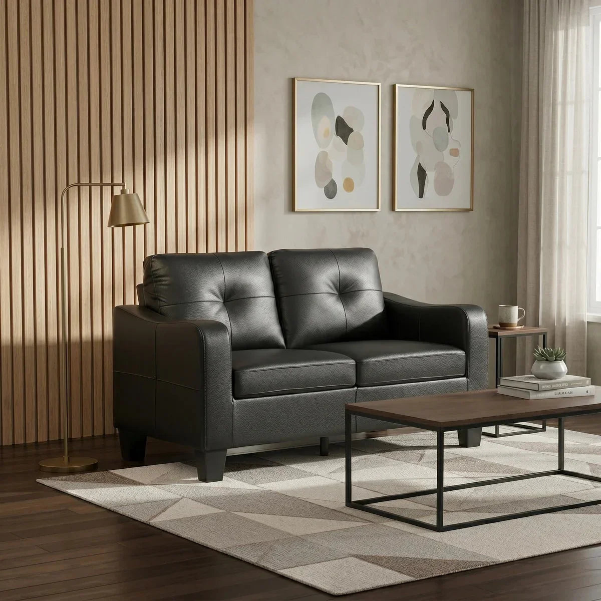 Modern living room with a black leather sofa, coffee table, and abstract art on the wall.