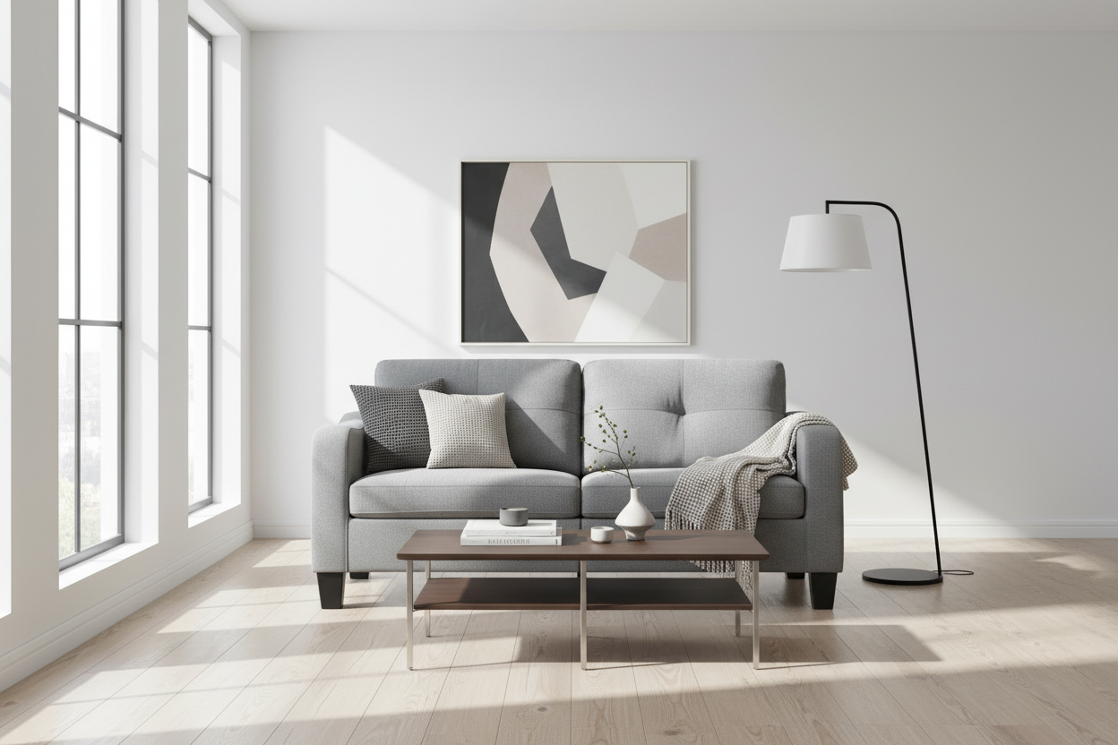Modern living room with a gray sofa, coffee table, and abstract art on the wall.