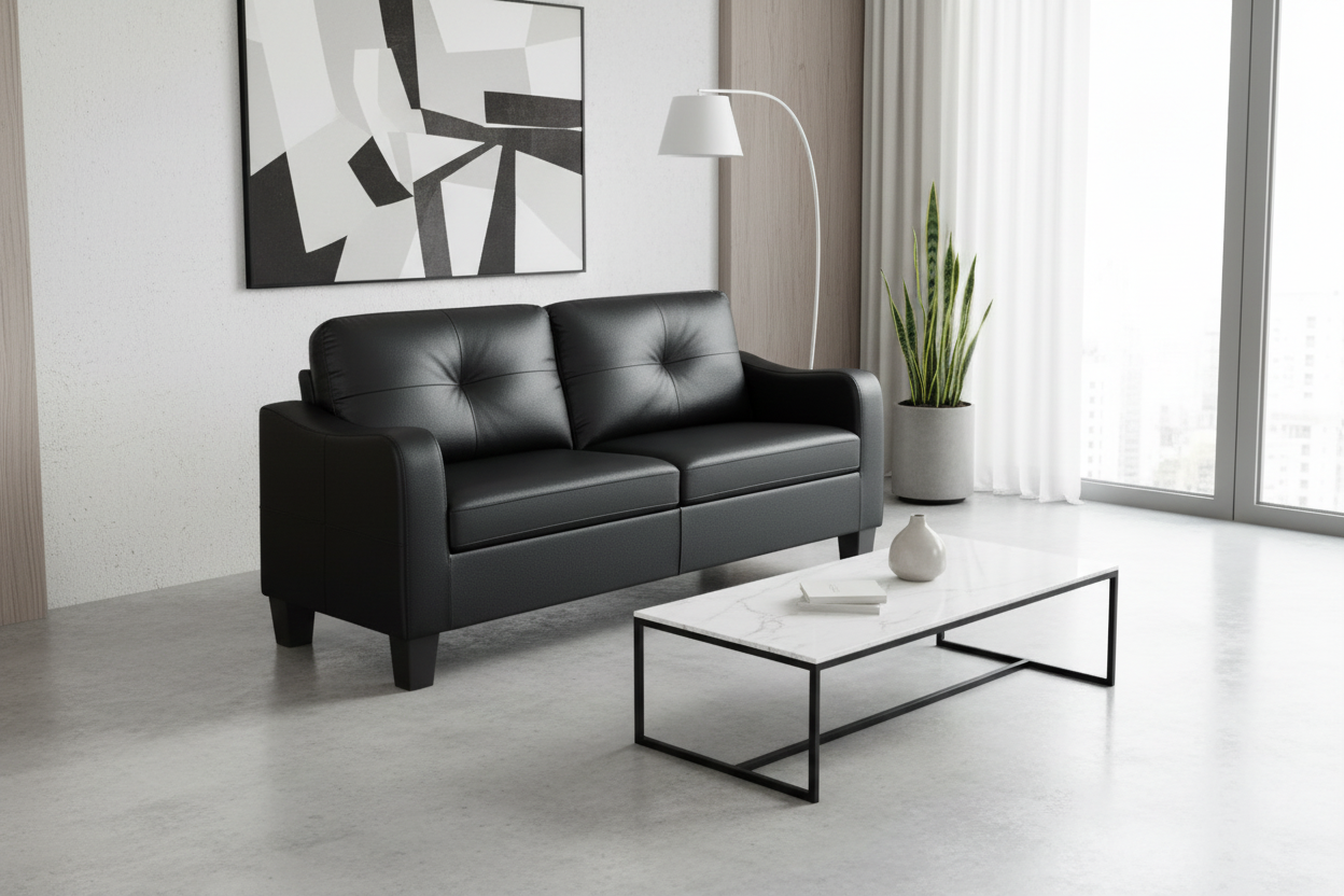Modern living room with a black leather sofa and abstract art on the wall.