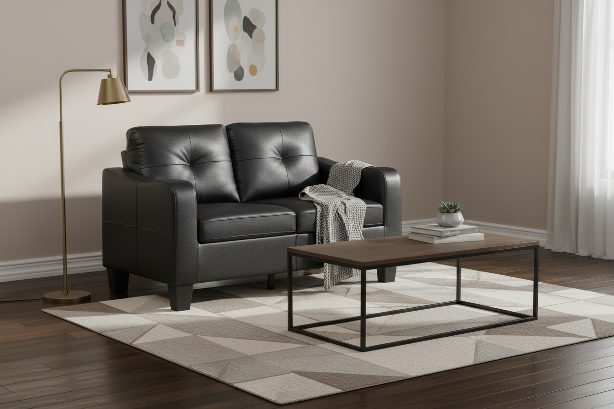 Modern living room with black leather sofa, wooden coffee table, and abstract art on the wall.