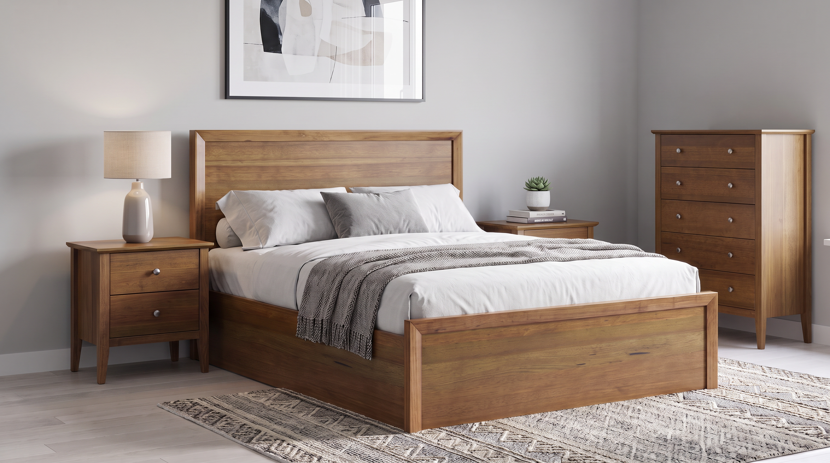 Marina 4 Piece Tallboy Bedroom Suite in Smoke messmate timber - gas lift bed, two bedside tables and a five-drawer tallboy, styled in a contemporary bedroom