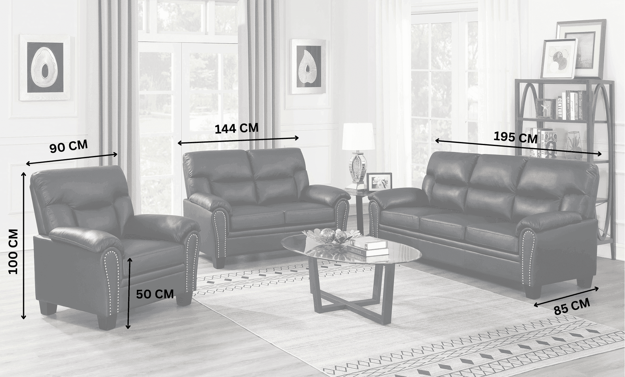 Black leather lounge suite with armchair, two-seater, and three-seater sofa measurements shown