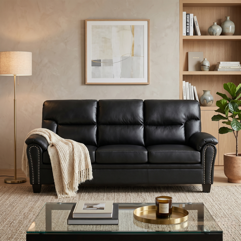 Sebastian 3 Seater PU Leather Sofa in black with cushioned seating and studded armrests, styled in a cozy living room with a beige throw, floor lamp, and bookshelf background.