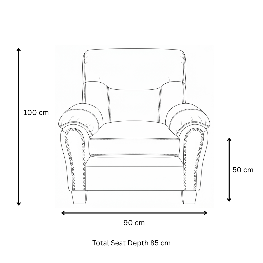 Sebastian PU Leather Arm Chair dimensions — 90 cm width, 100 cm height, 50 cm seat height, 85 cm total seat depth