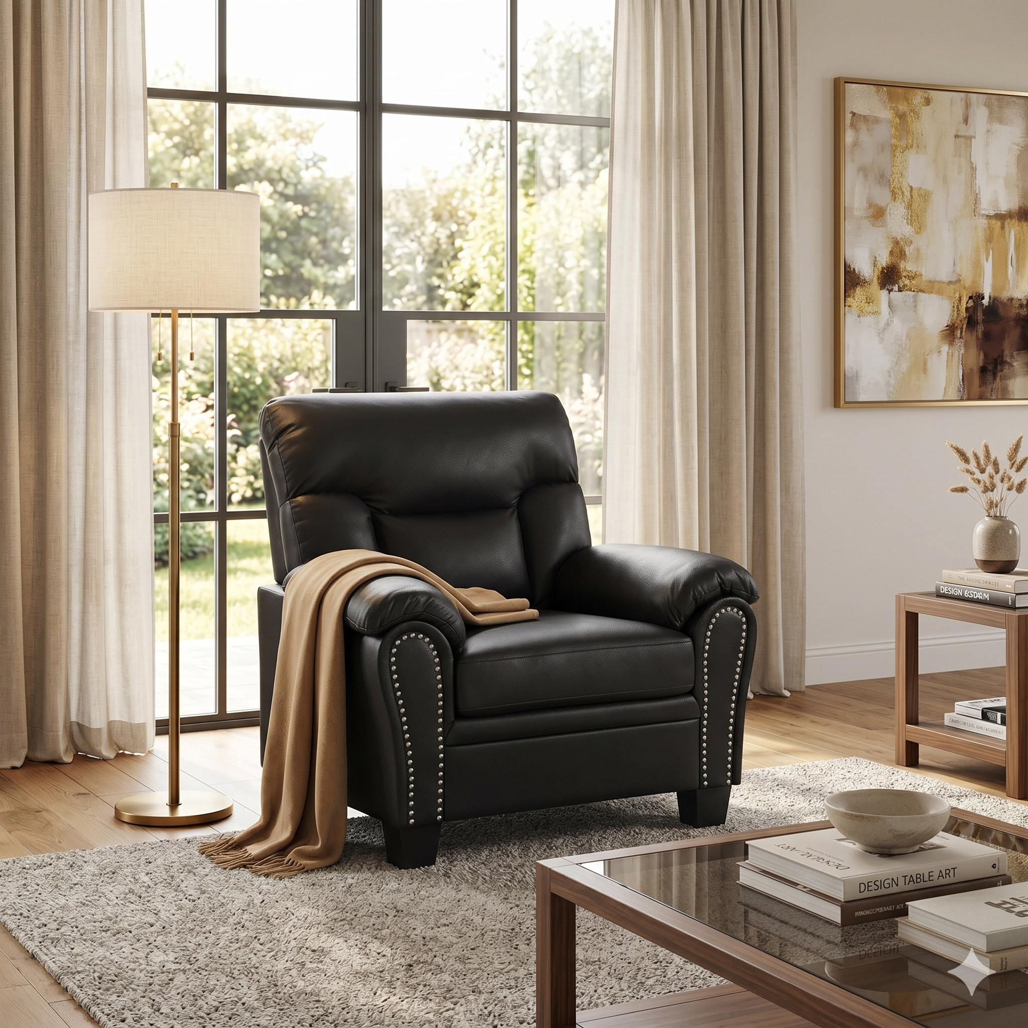 Black leather recliner chair in a living room with a lamp, coffee table, and artwork.