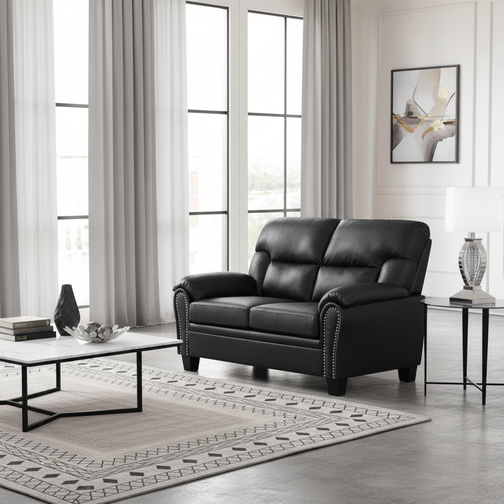 A modern black PU leather sofa with two seats, featuring a sleek design with plush armrests and a sturdy frame, positioned in a room with minimal decor.