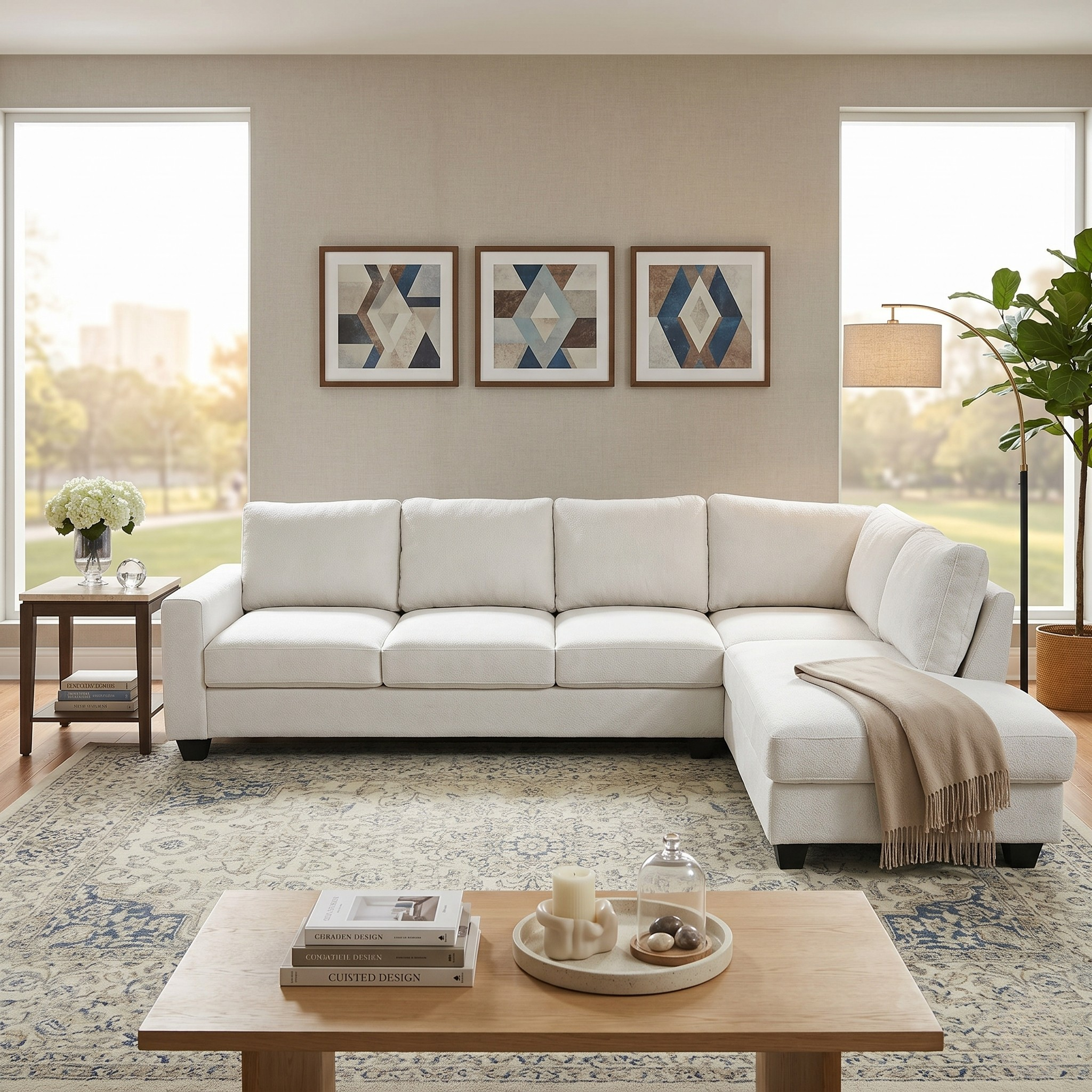 Modern living room with a beige sectional sofa, coffee table, and decorative elements.