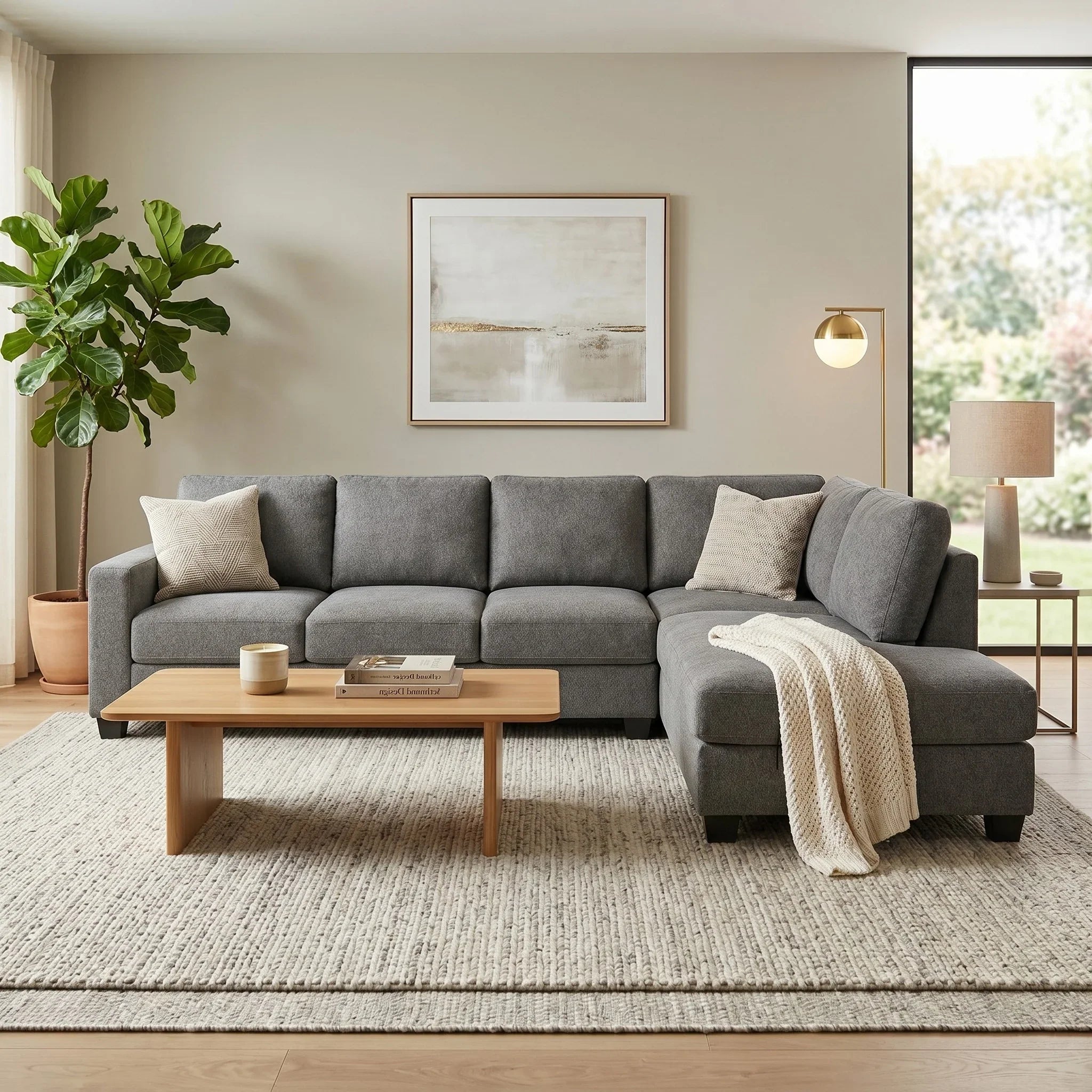Gray sectional sofa in a living room with a coffee table, lamp, and artwork on the wall.