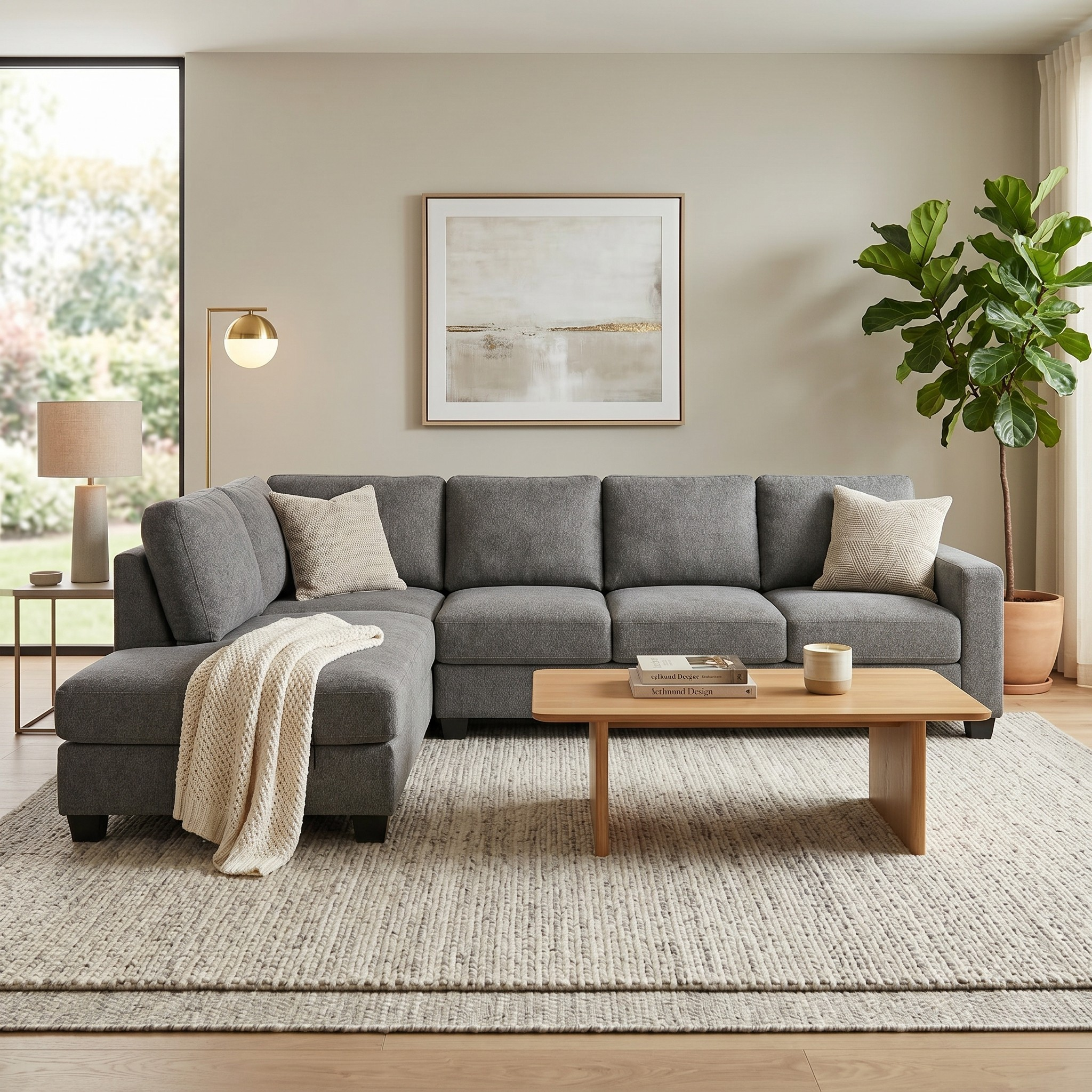 Gray sectional sofa in a living room with a coffee table, lamp, and artwork on the wall.