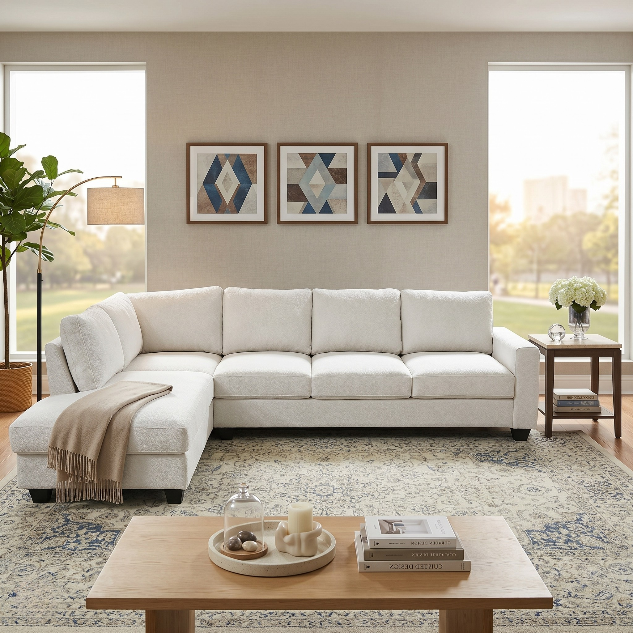 Modern living room with a beige sectional sofa, wooden coffee table, and decorative elements.