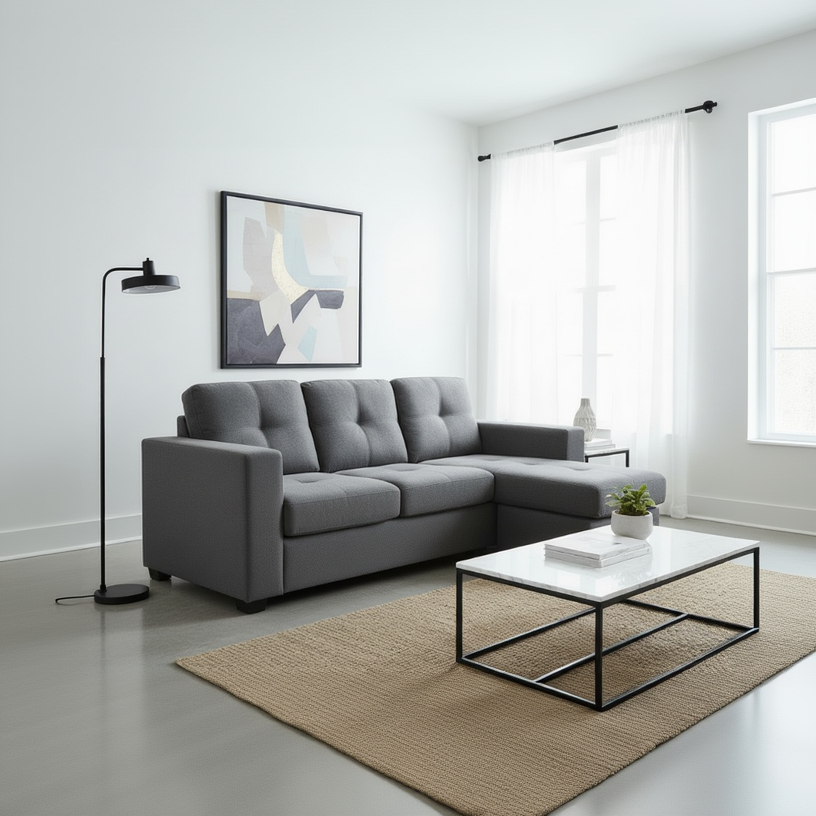 Modern living room with a gray sectional sofa, white coffee table, and abstract art on the wall.