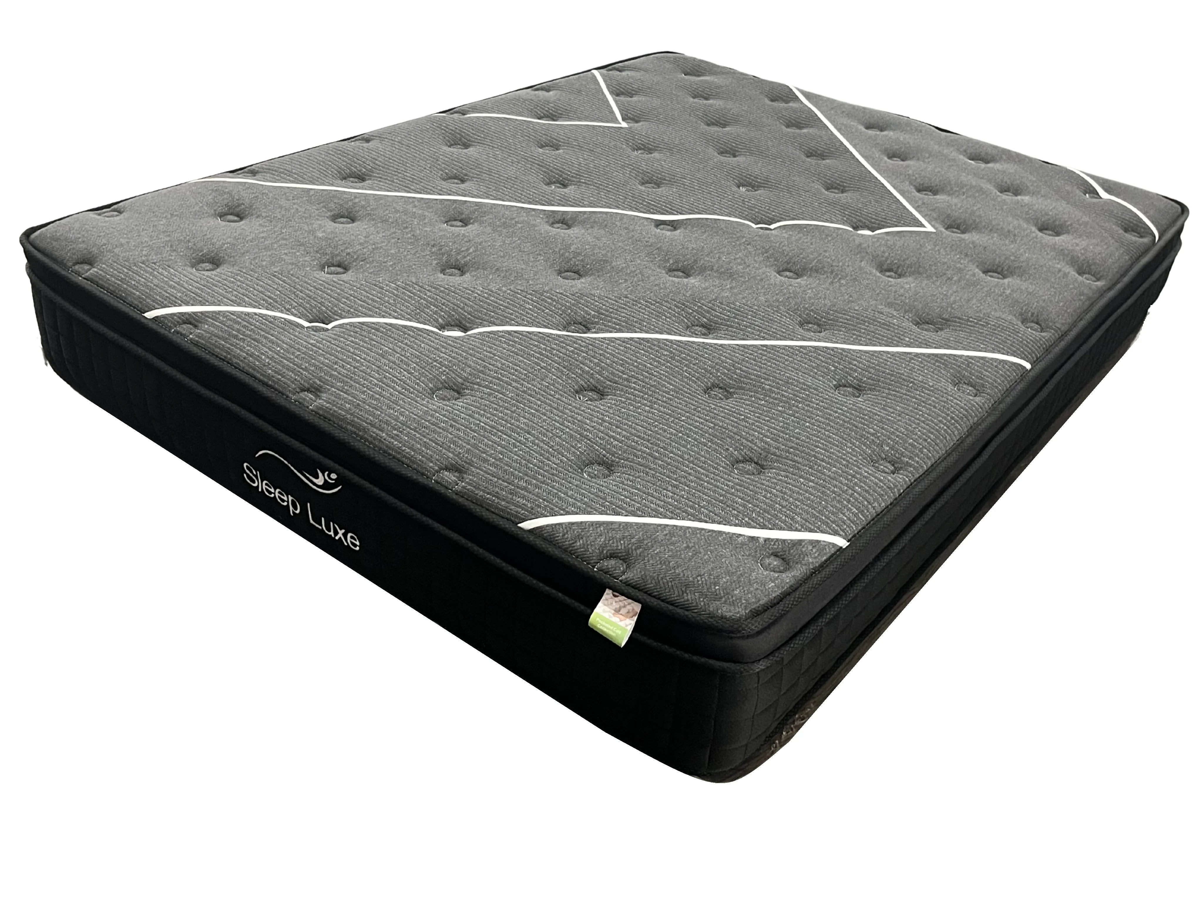 Gray mattress with white stitching on a white background