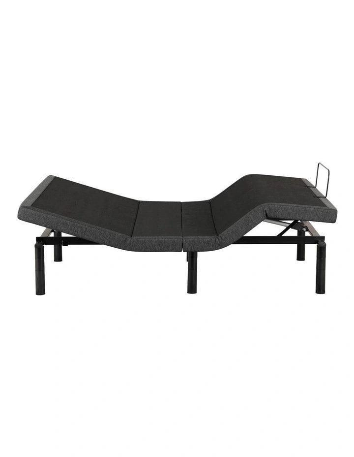 Adjustable bed base in a reclined position with dark fabric upholstery and metal frame