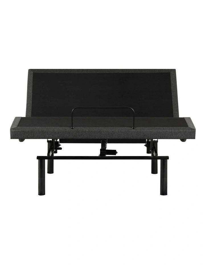 Adjustable bed base in black and grey with raised head section and metal frame, front view