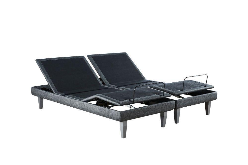 Adjustable bed base with split design and raised backrests on grey legs