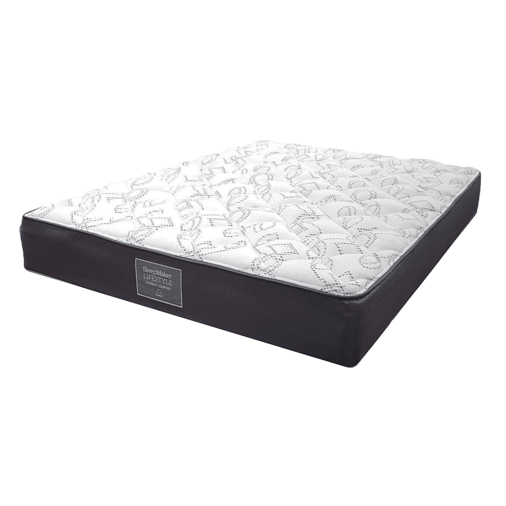 Comfortable queen mattress with white patterned top and dark fabric sides on a white background