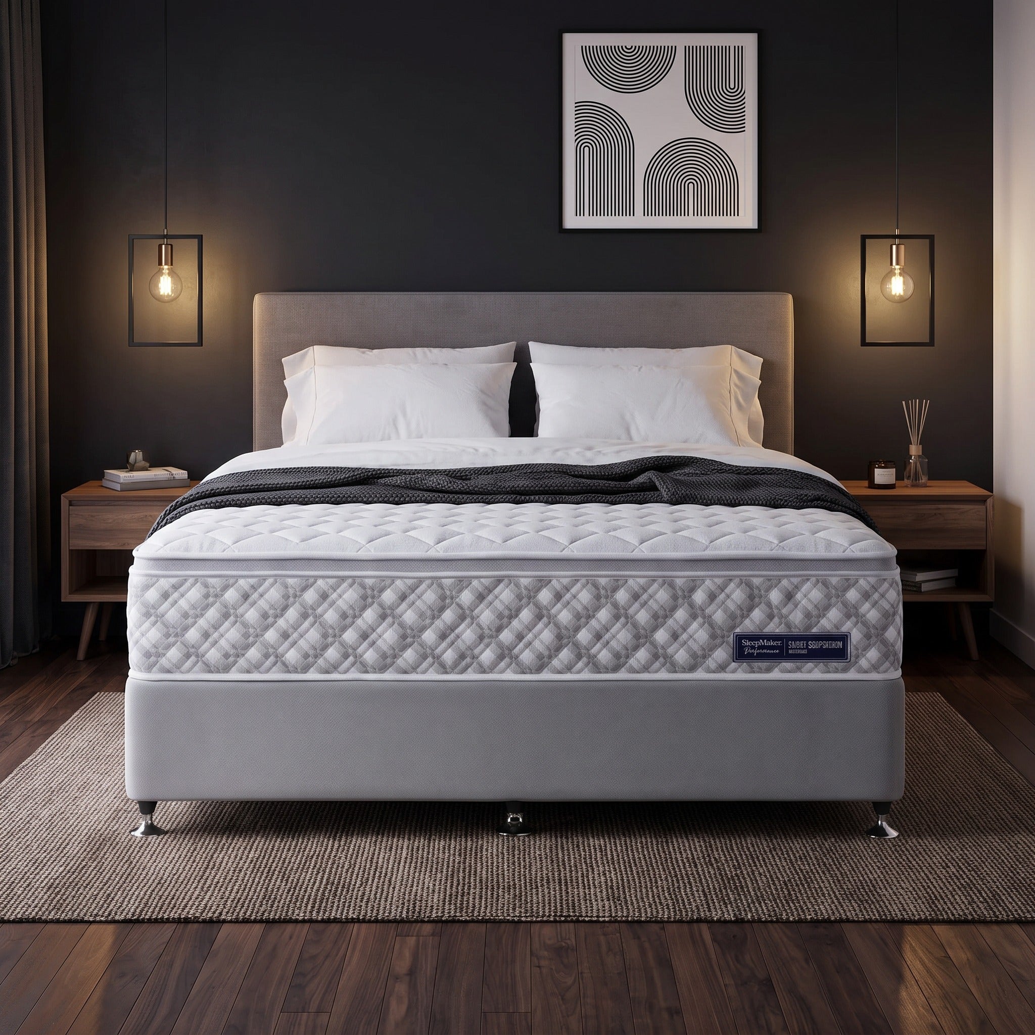 SleepMaker Performance Plus Medium mattress styled in a dark contemporary bedroom - The A2Z Furniture