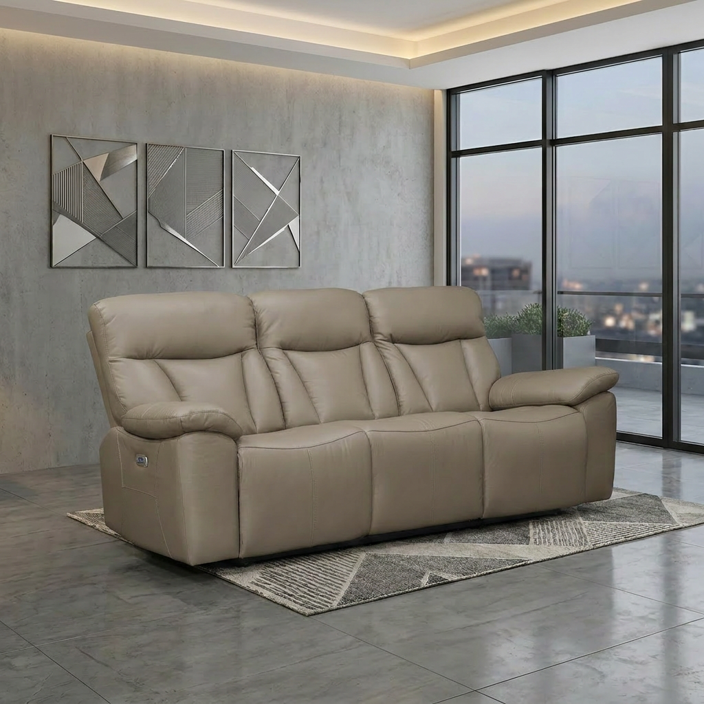 Limestone 3 Seater Electric Leather Recliner Lounge in Tan leather, styled in a bright living room