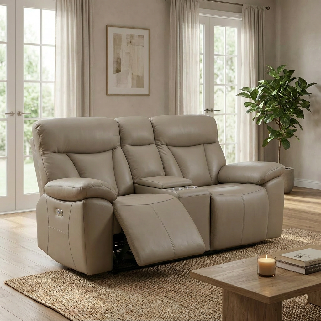 Limestone 2 Seater Electric Leather Recliner Lounge in Tan leather with centre console and cupholders, styled in a bright living room
