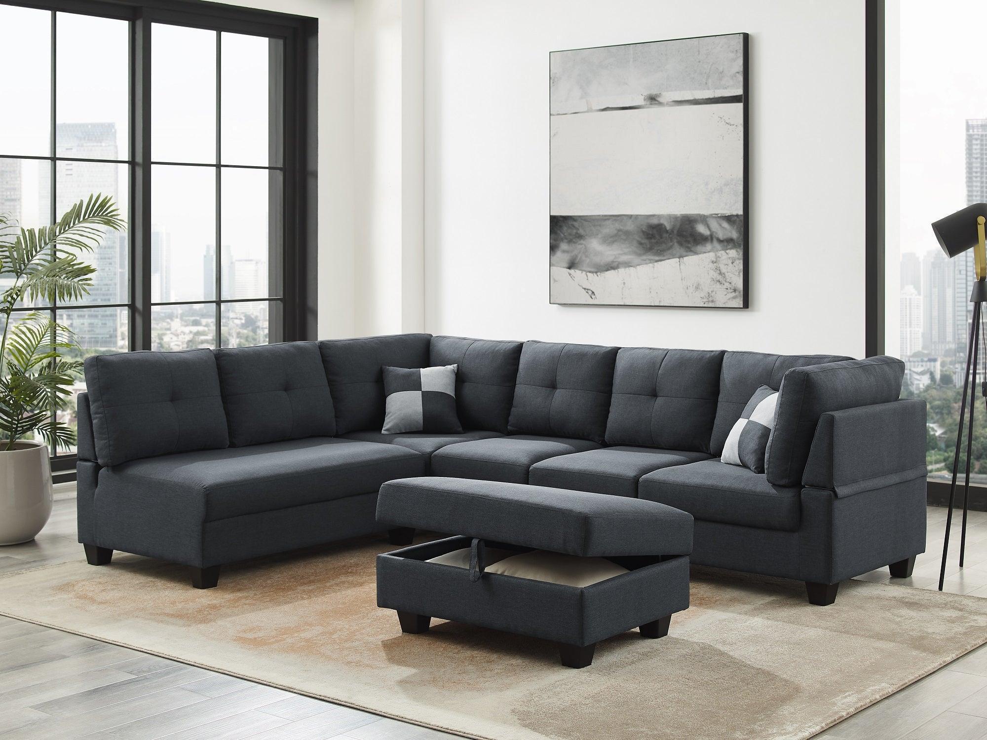 Spencer II Reversible Chaise Corner Fabric with Ottoman and Pillows - The A2Z Furniture