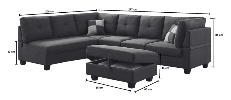 Dark grey L-shaped sectional sofa with storage ottoman, scatter cushions, and labeled dimensions
