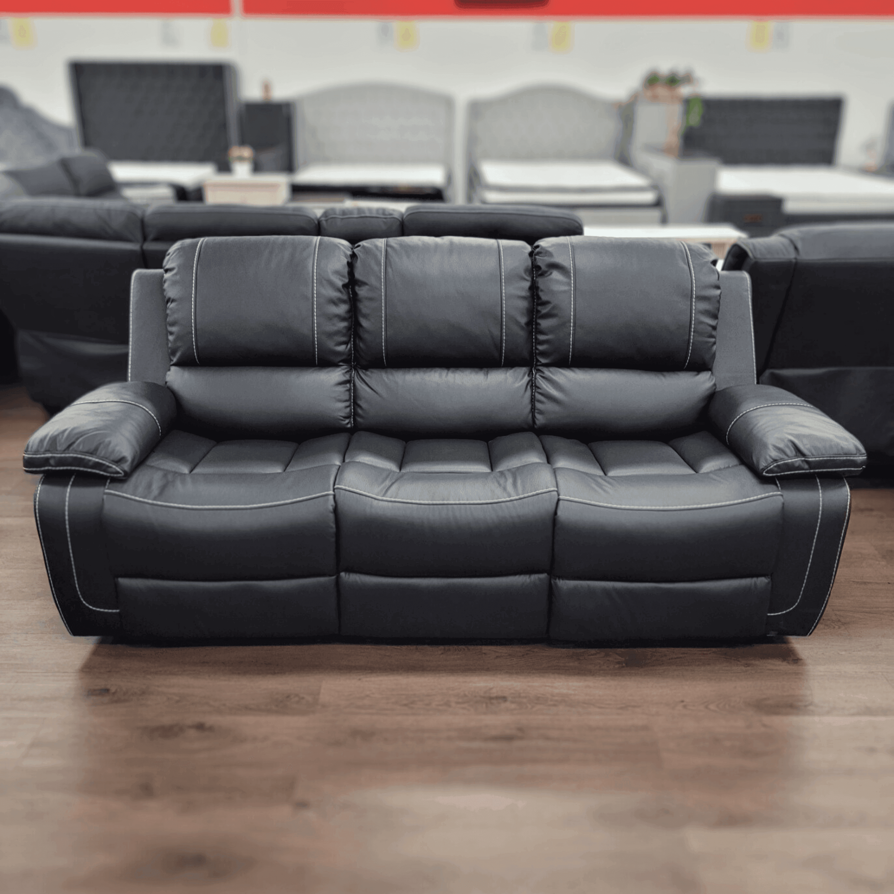 Stanhill 3 Seater Recliner - Air Leather Luxury in Black with Contrast Stitching | The A2Z Furniture