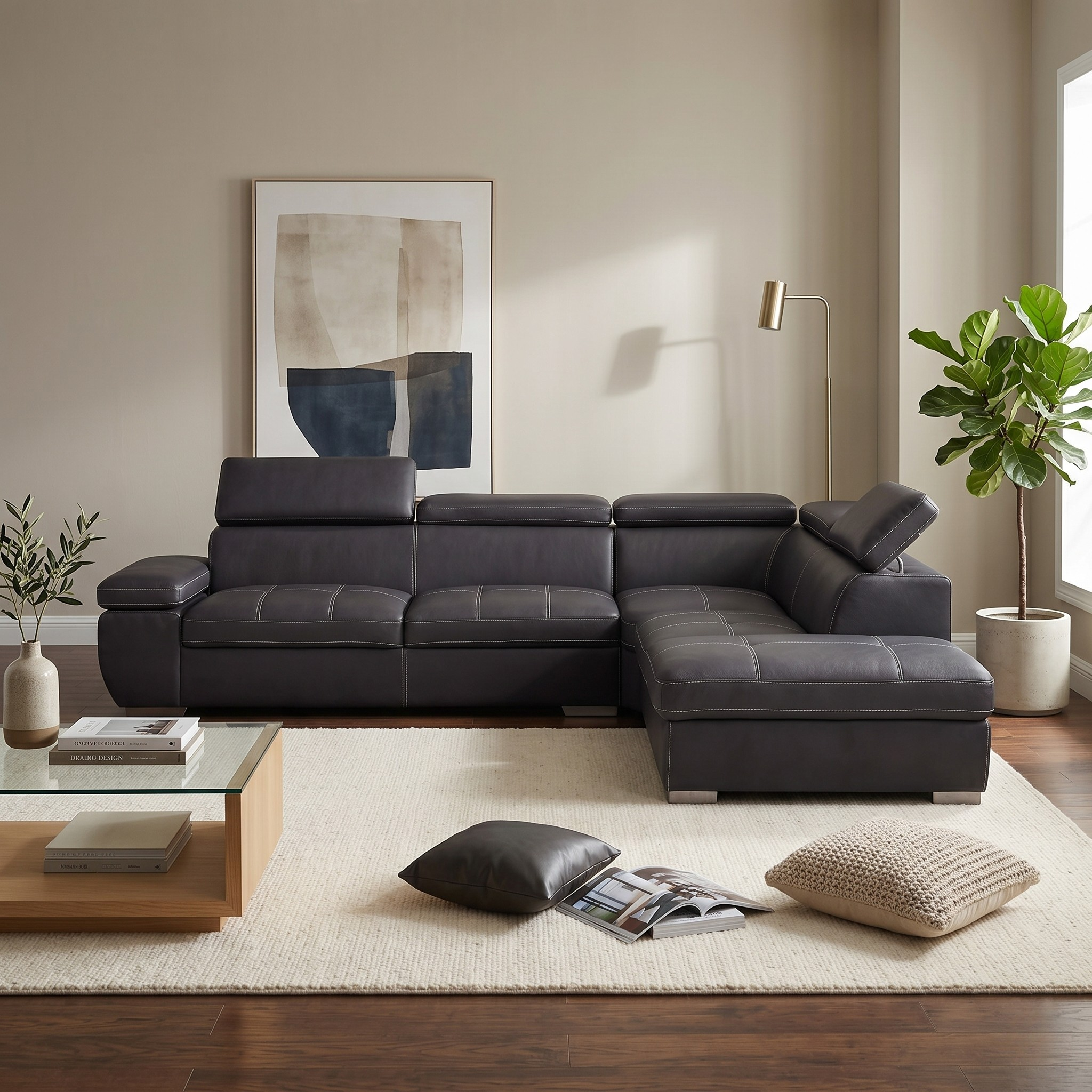 Modern living room with a black leather sectional sofa, coffee table, and decorative items.