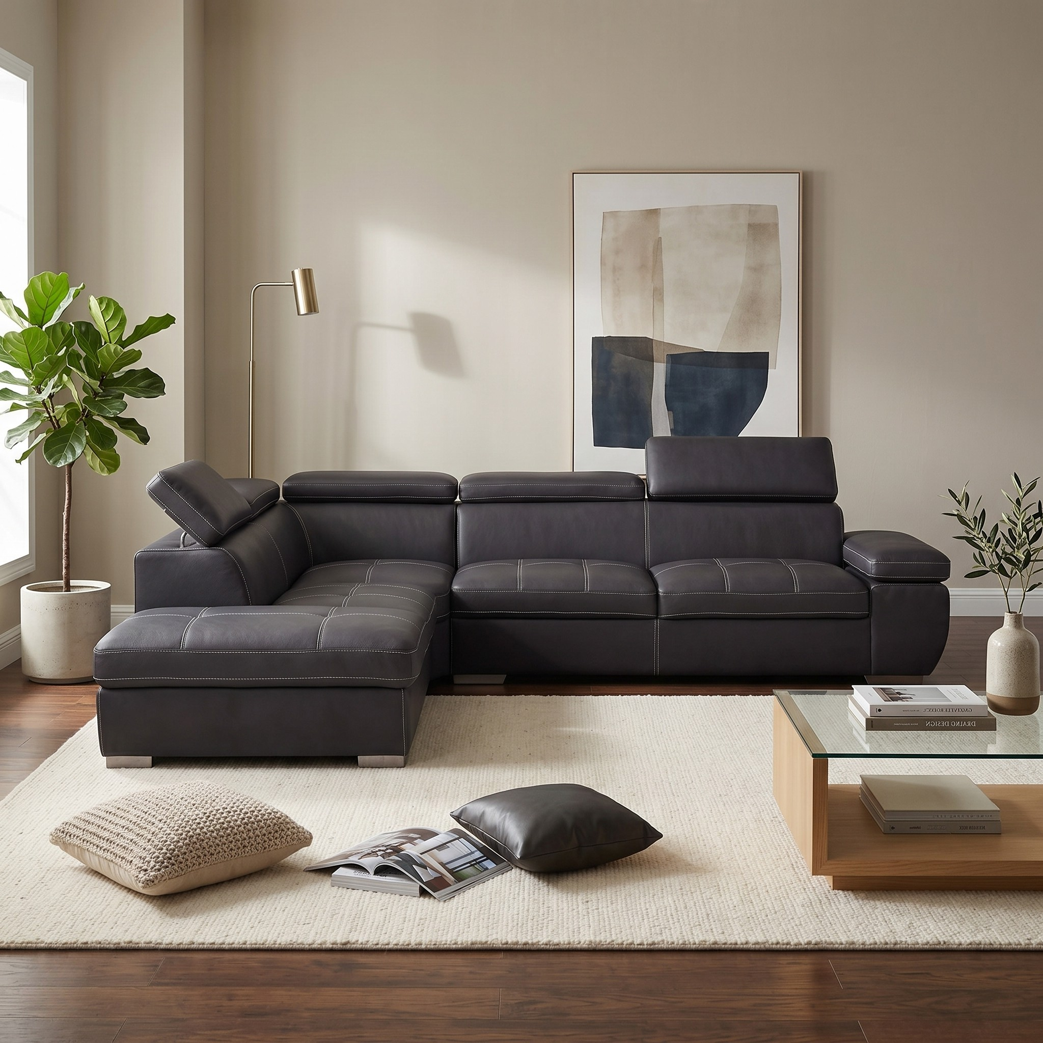 Modern living room with a black leather sectional sofa, coffee table, and decorative items.