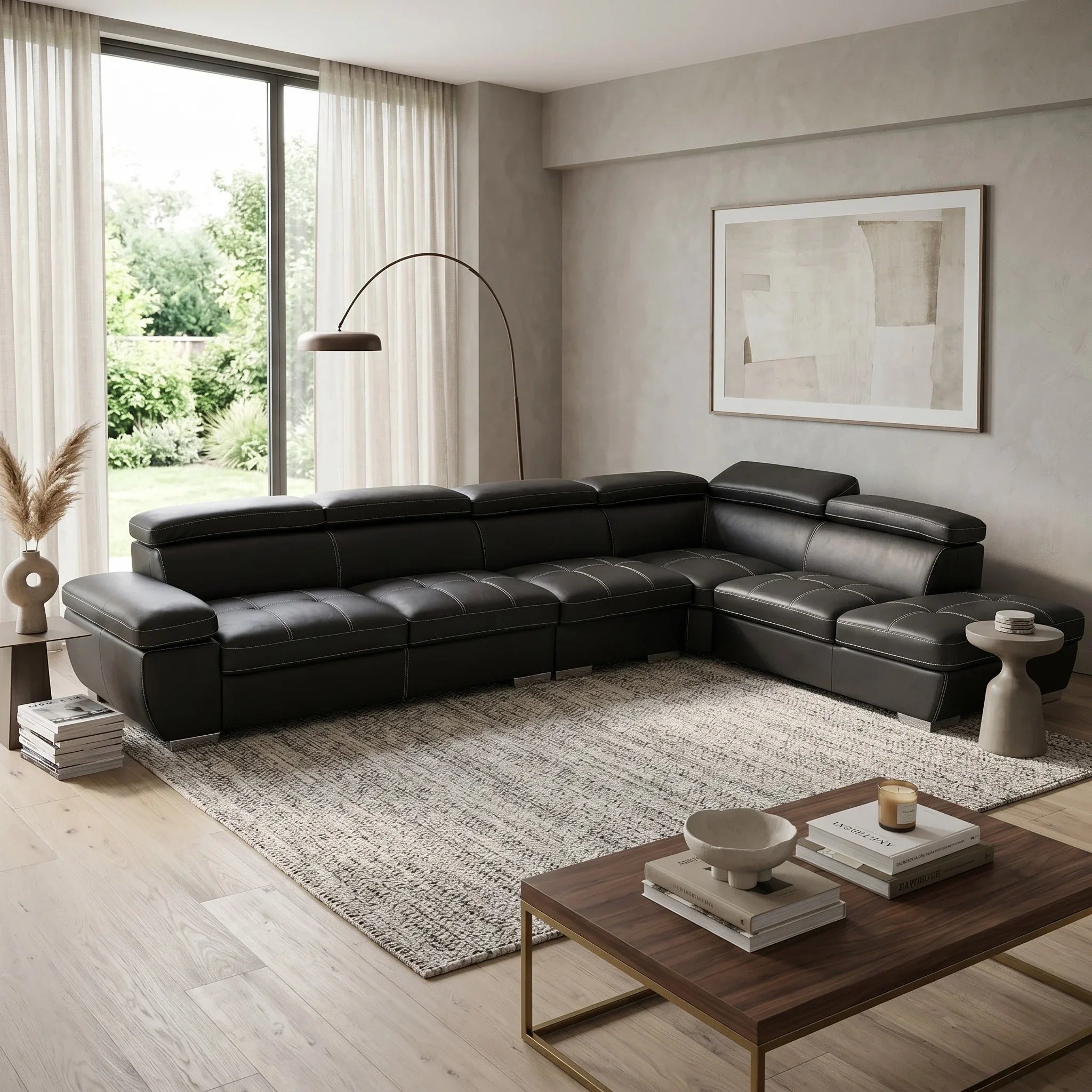 Modern living room with a black sectional sofa and wooden coffee table.