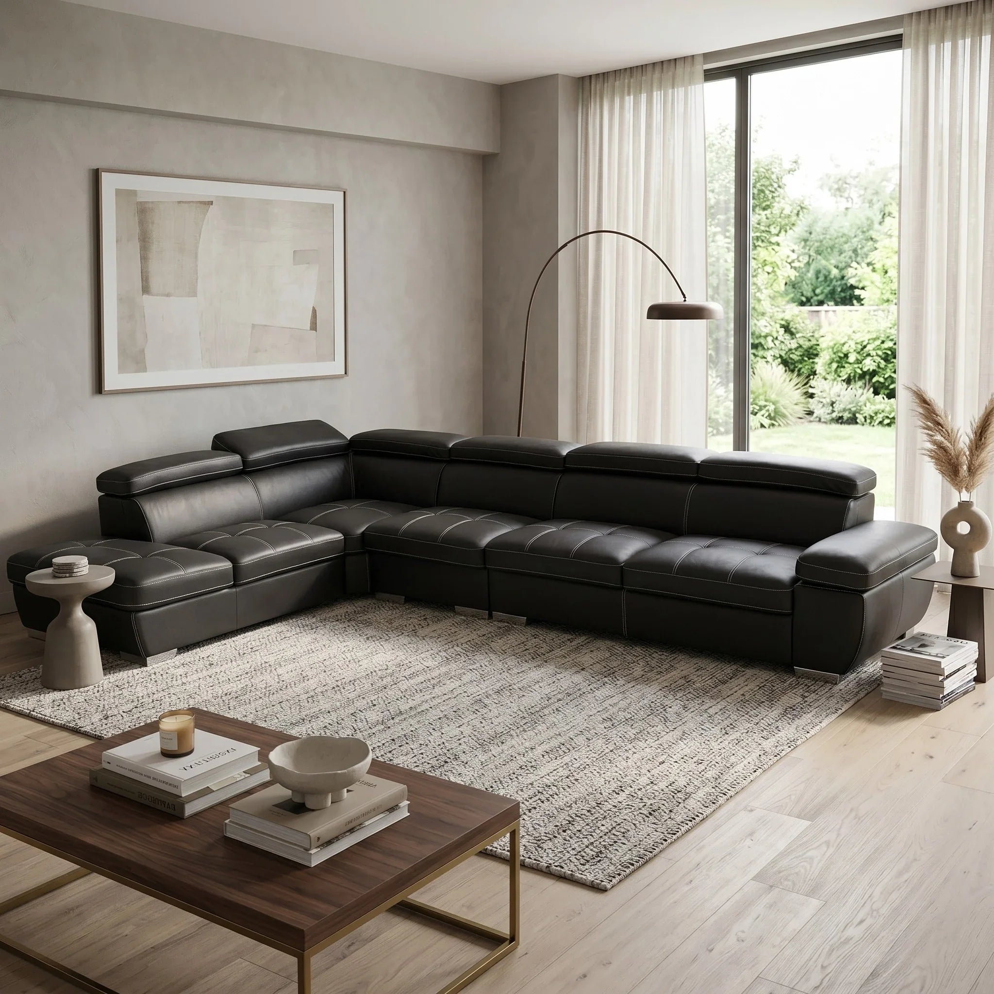 Modern living room with a black leather sectional sofa, wooden coffee table, and large window.