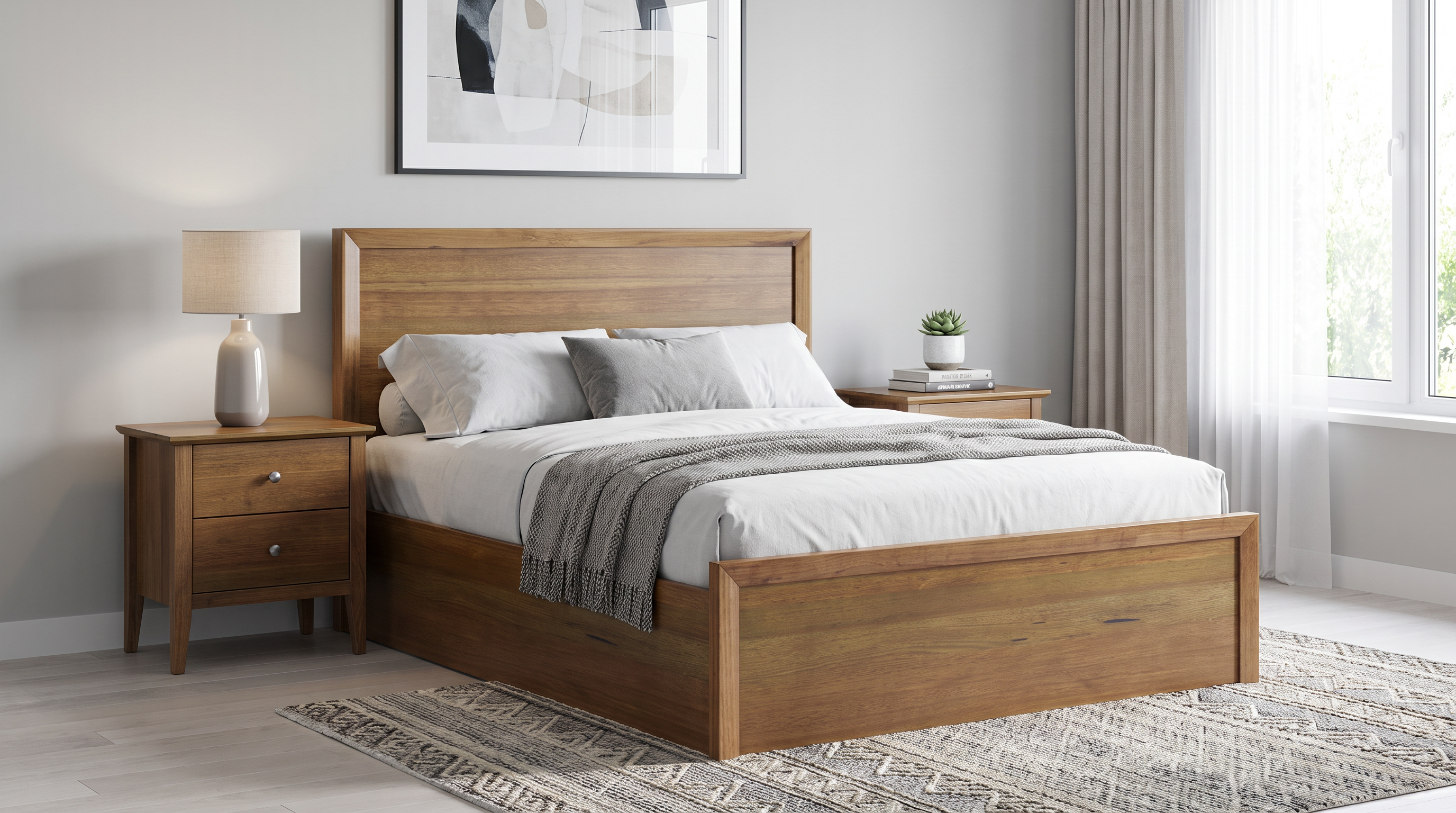 Marina 3 Piece Bedroom Suite in Smoke messmate timber - gas lift bed with a two-drawer bedside table on each side, styled in a contemporary bedroom