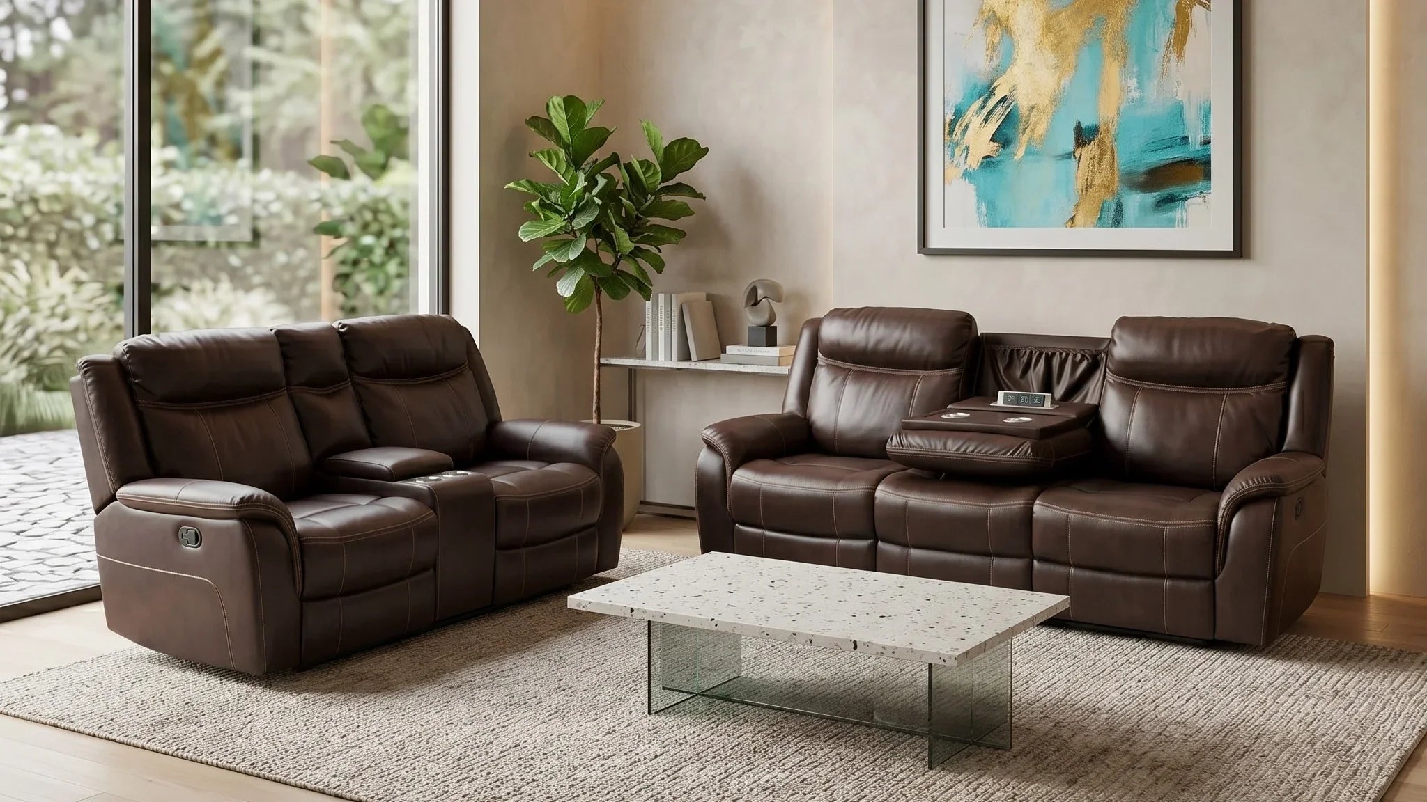 Modern living room with brown leather sofas, a coffee table, and abstract art on the wall.