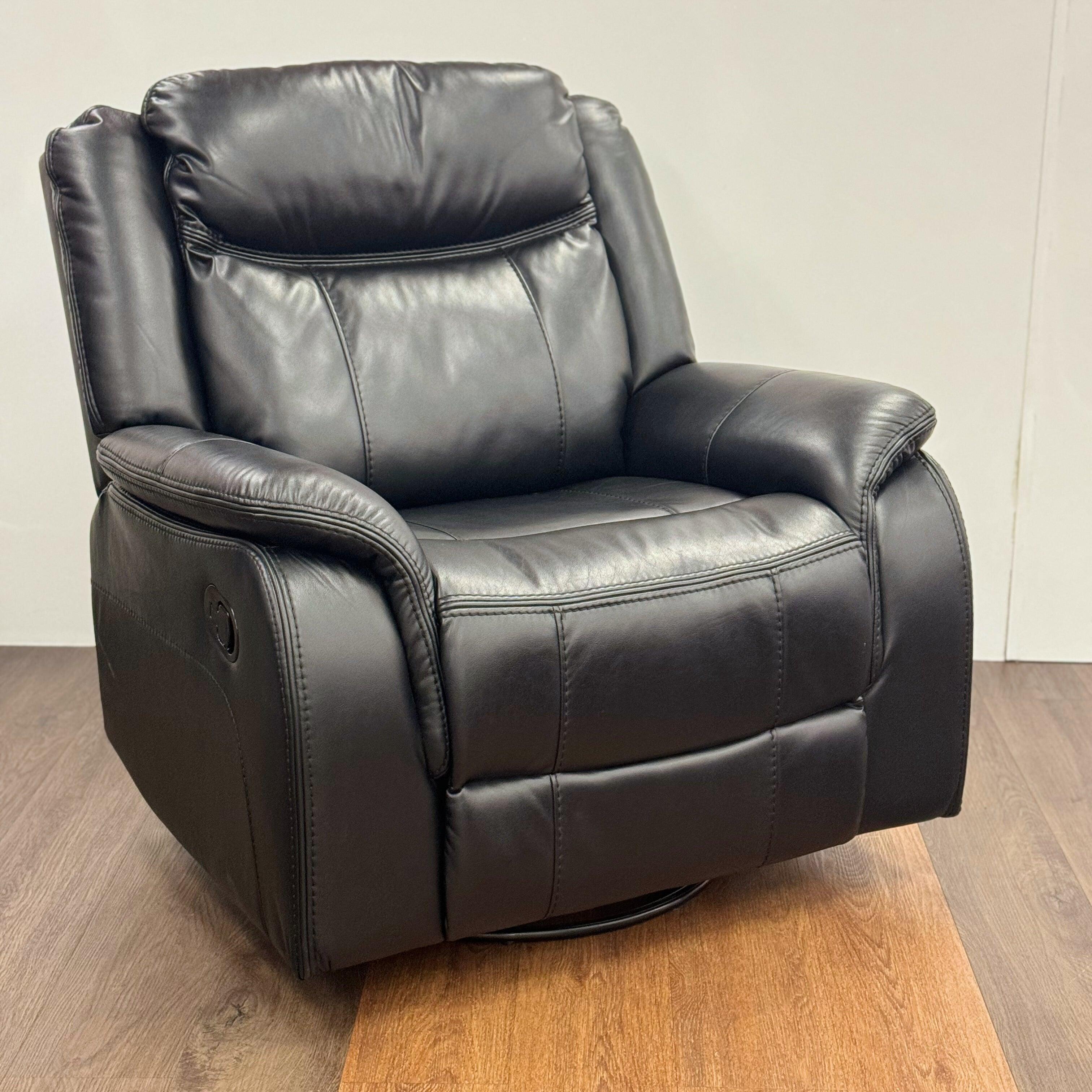 Black leather electric recliner chair with plush cushions on wood flooring