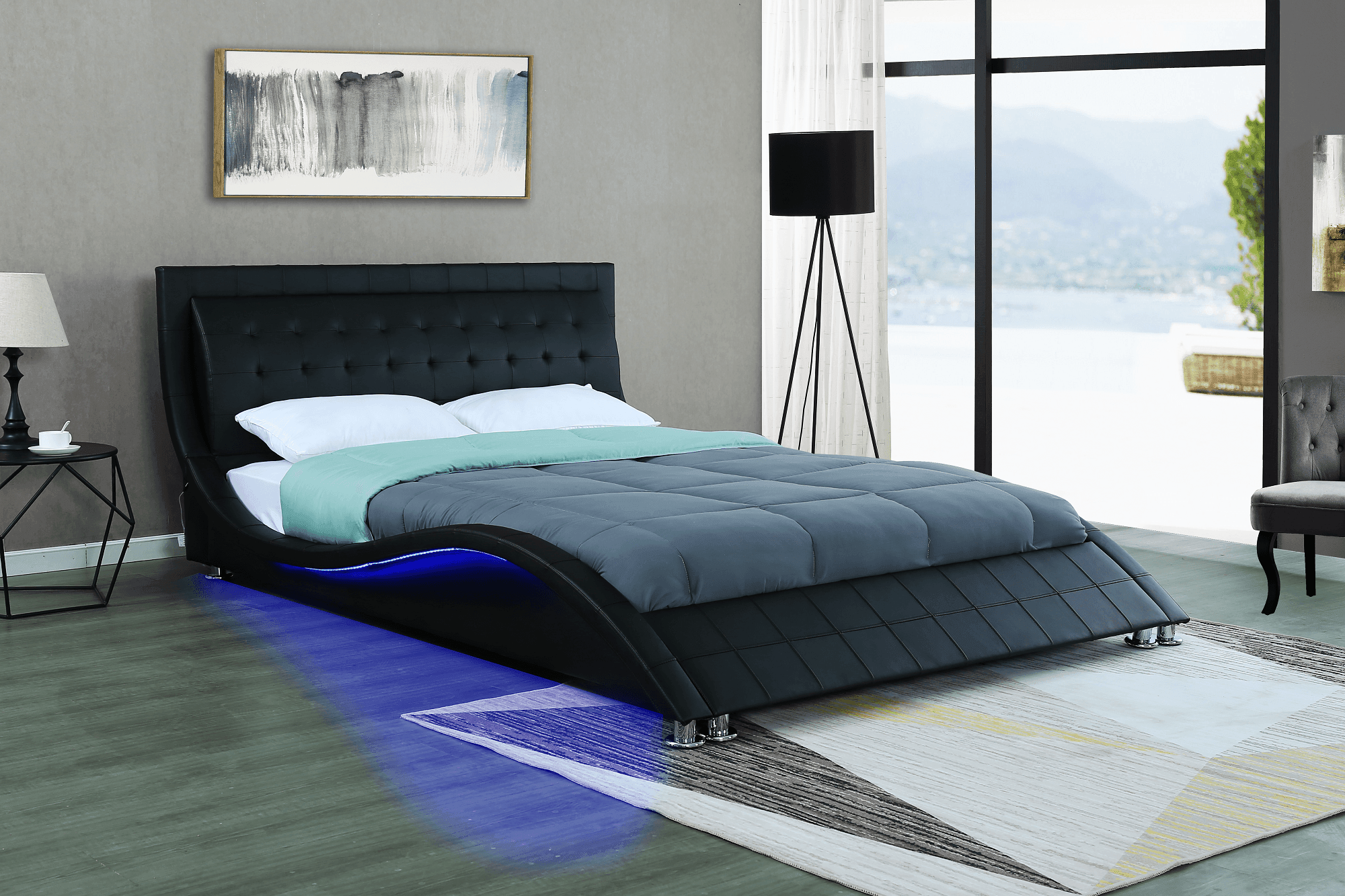 Victory Bed Frame - Modern Leather Bed with LED Lights - The A2Z Furniture