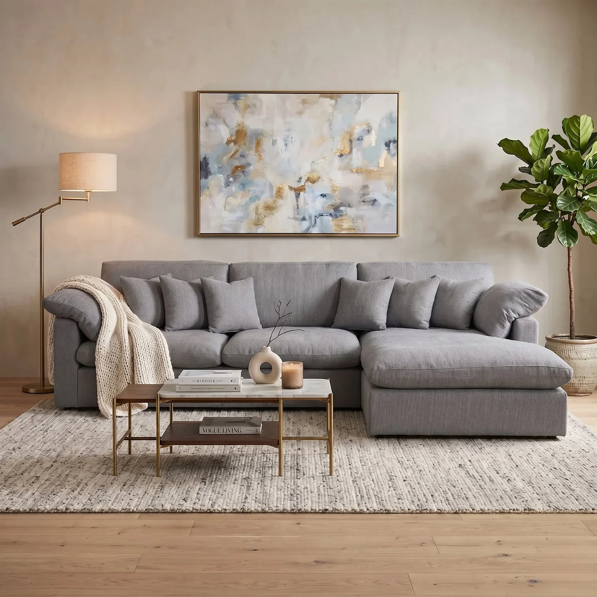 Osaka 3 Seater Couch with Chaise in a light fabric, styled in a modern living room