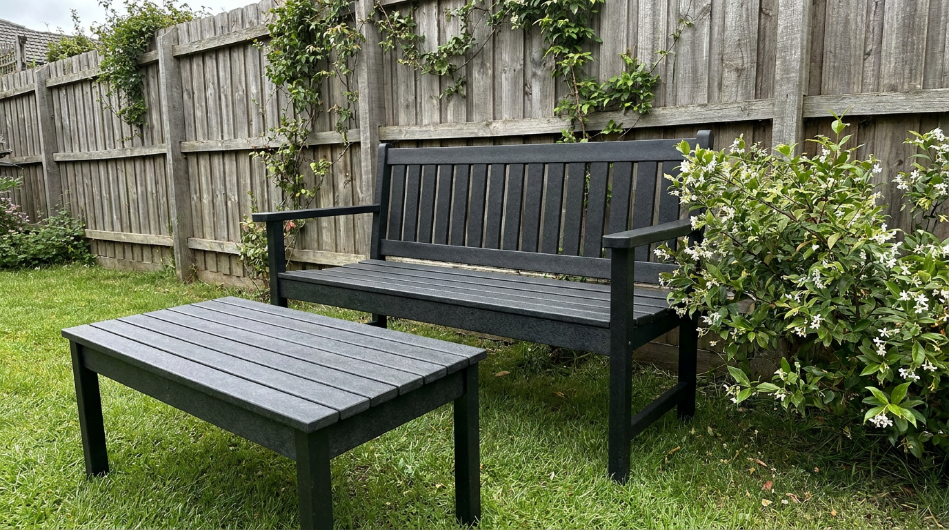 Charcoal polywood recycled-plastic outdoor bench and coffee table in a garden