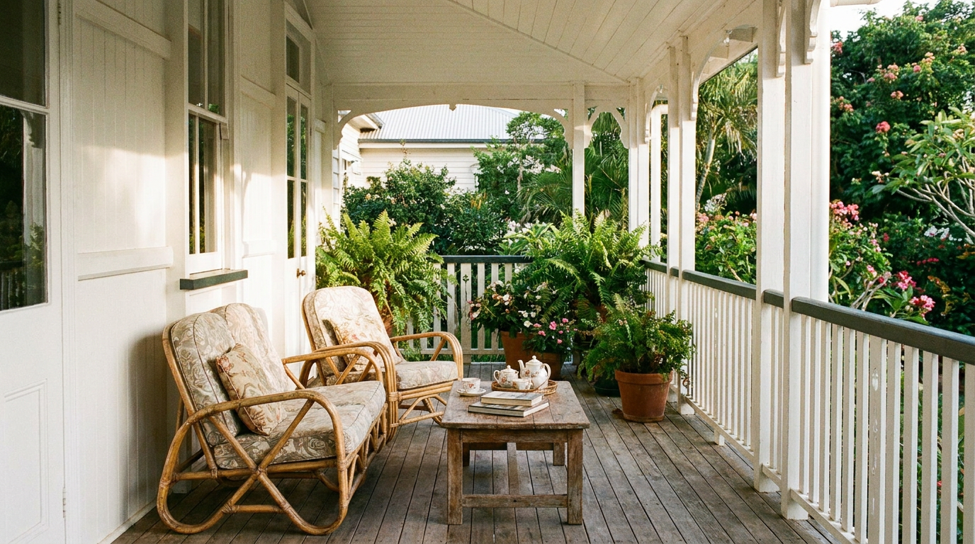 Classic Queenslander timber verandah styled with cane lounge chairs and a small table