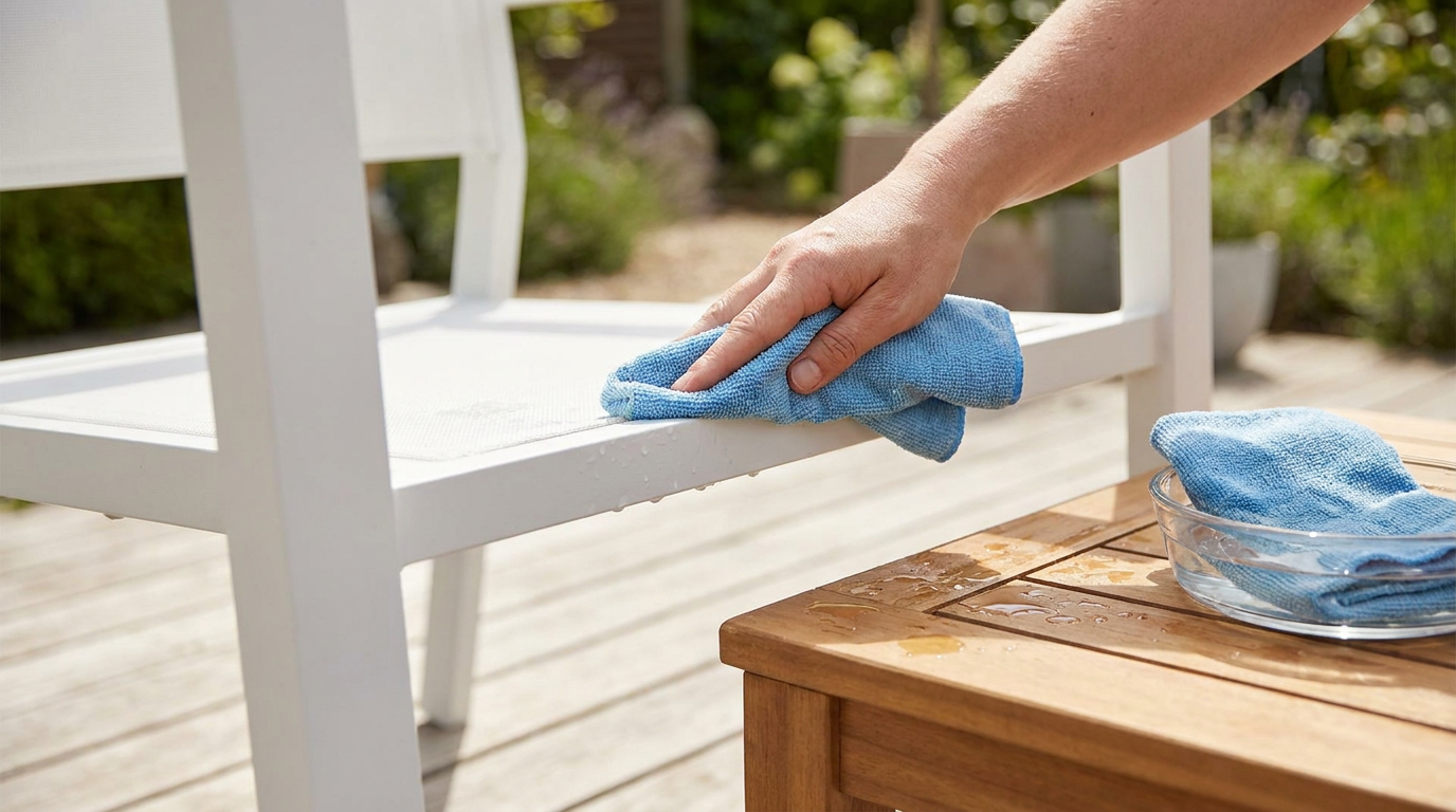 Wiping down a white powder-coated aluminium outdoor chair frame with a microfibre cloth