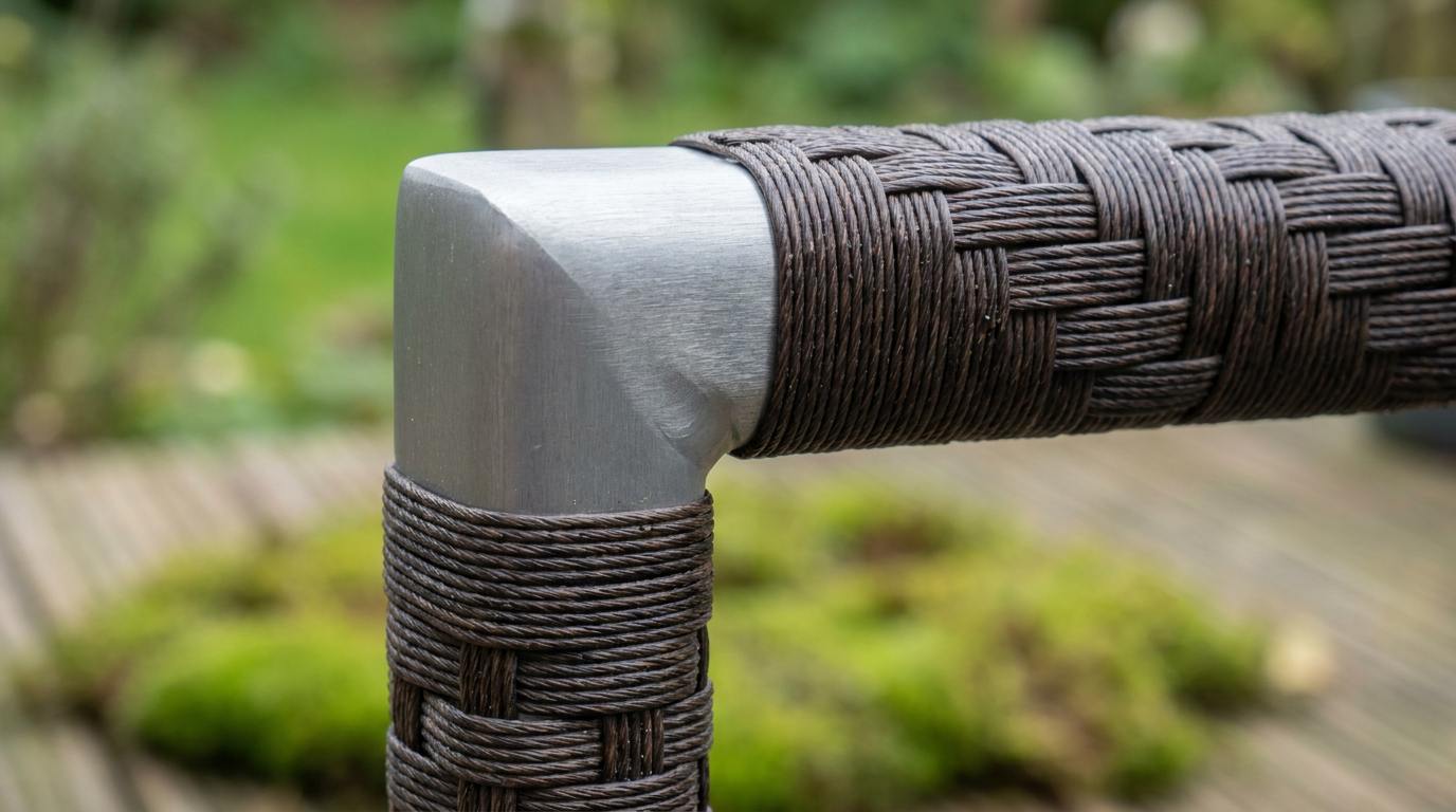 Macro close-up of a woven synthetic wicker corner joint showing outdoor furniture build quality