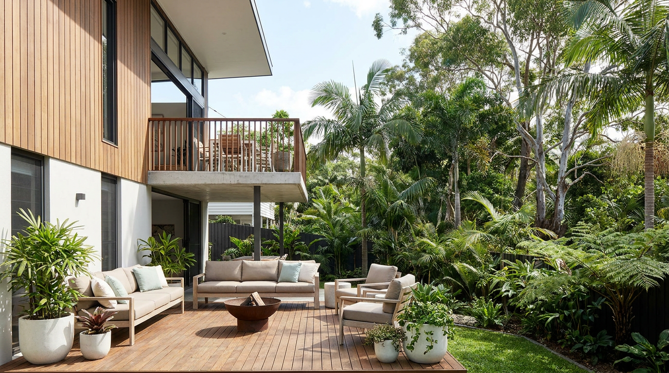 Modern Brisbane home with a timber deck lounge and adjoining balcony outdoor living zones