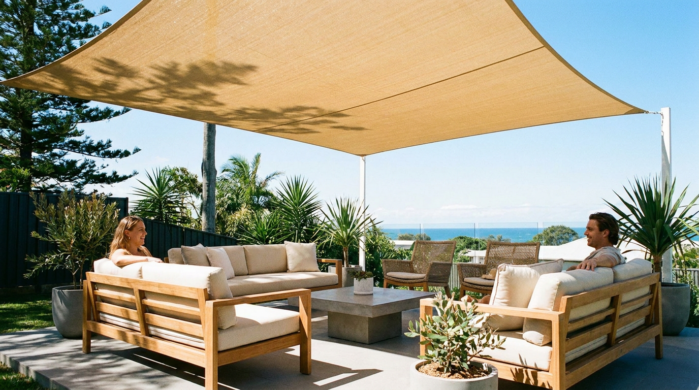 Outdoor lounge shaded by a shade sail to prevent UV damage on a bright Queensland day