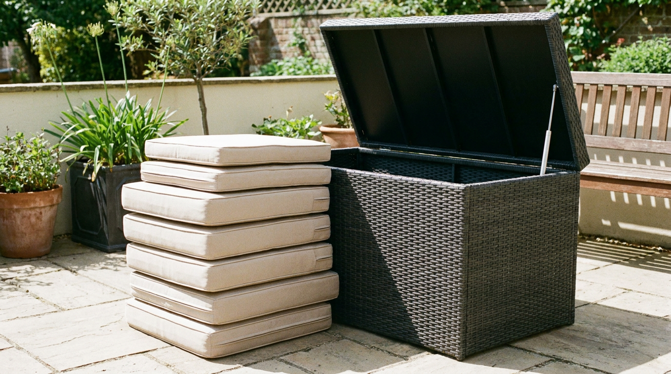 Neat stack of clean beige outdoor cushions beside an open weatherproof storage box