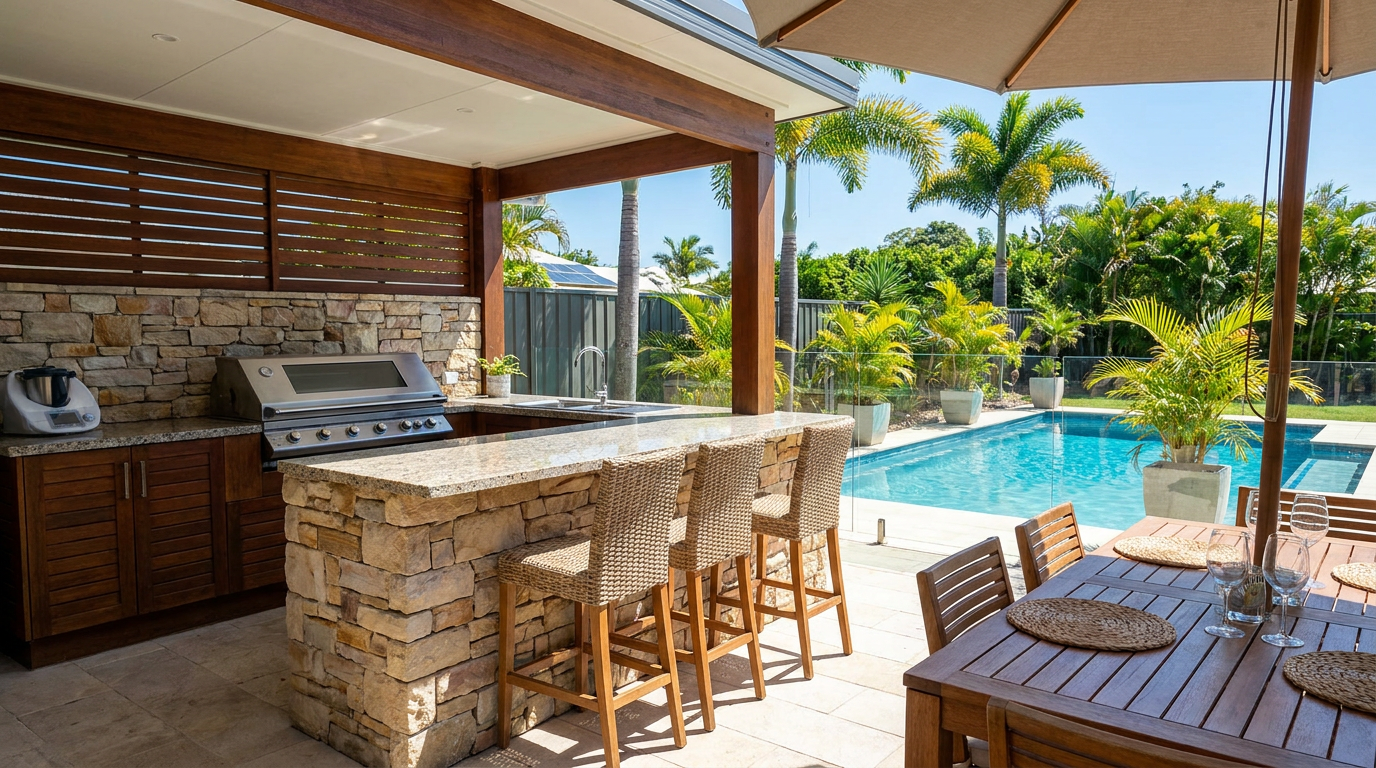 Poolside alfresco area with a built-in outdoor kitchen, bar stools and dining setting