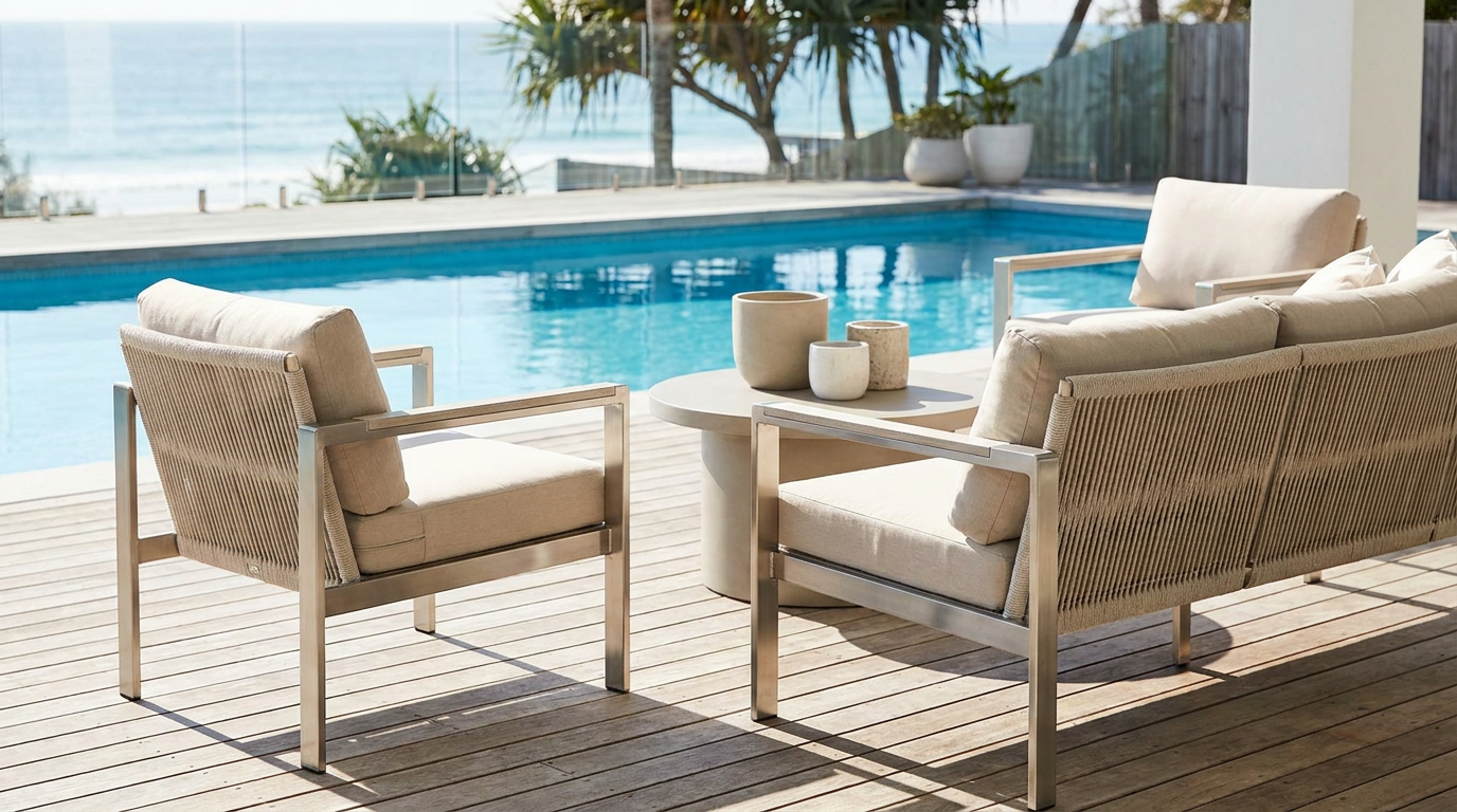 Stainless steel outdoor lounge setting beside a pool at a coastal Queensland home