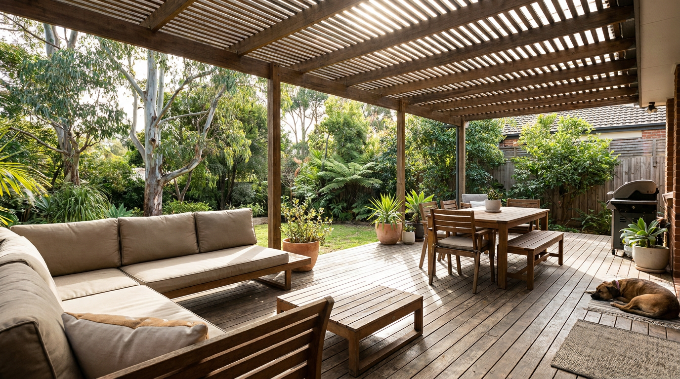 Suburban timber deck with an outdoor lounge and dining setting under a slatted pergola