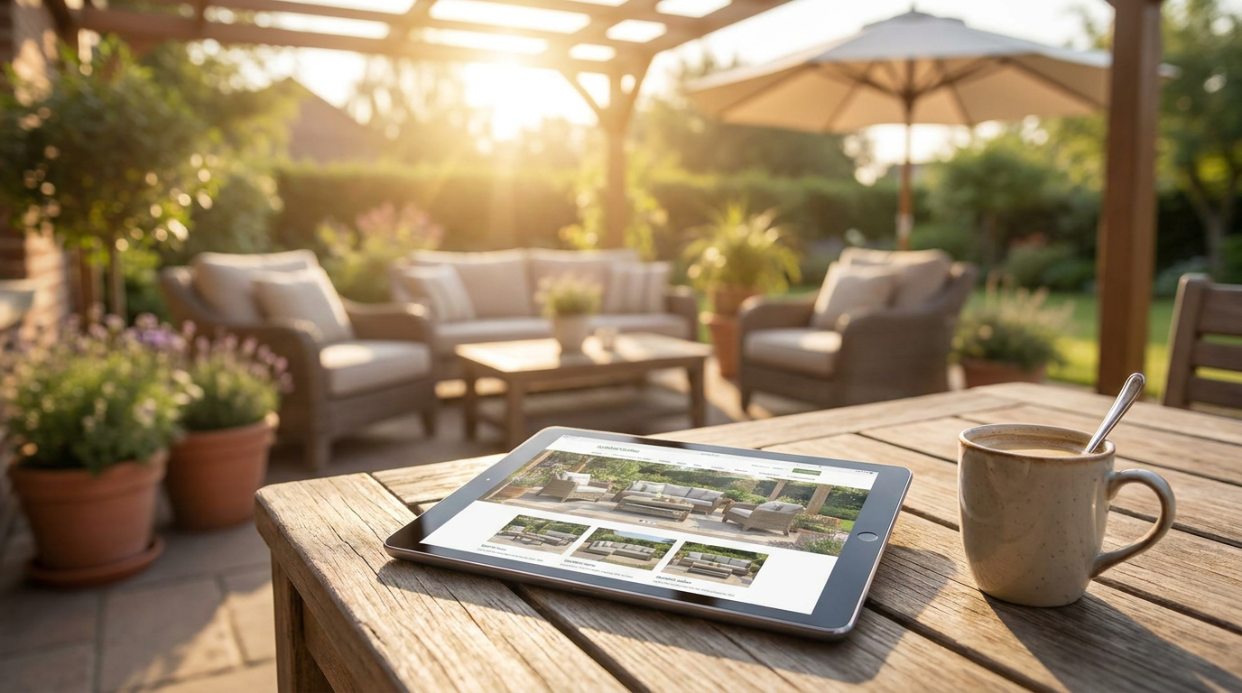 Tablet on a patio table showing an outdoor furniture shopping website with a coffee alongside