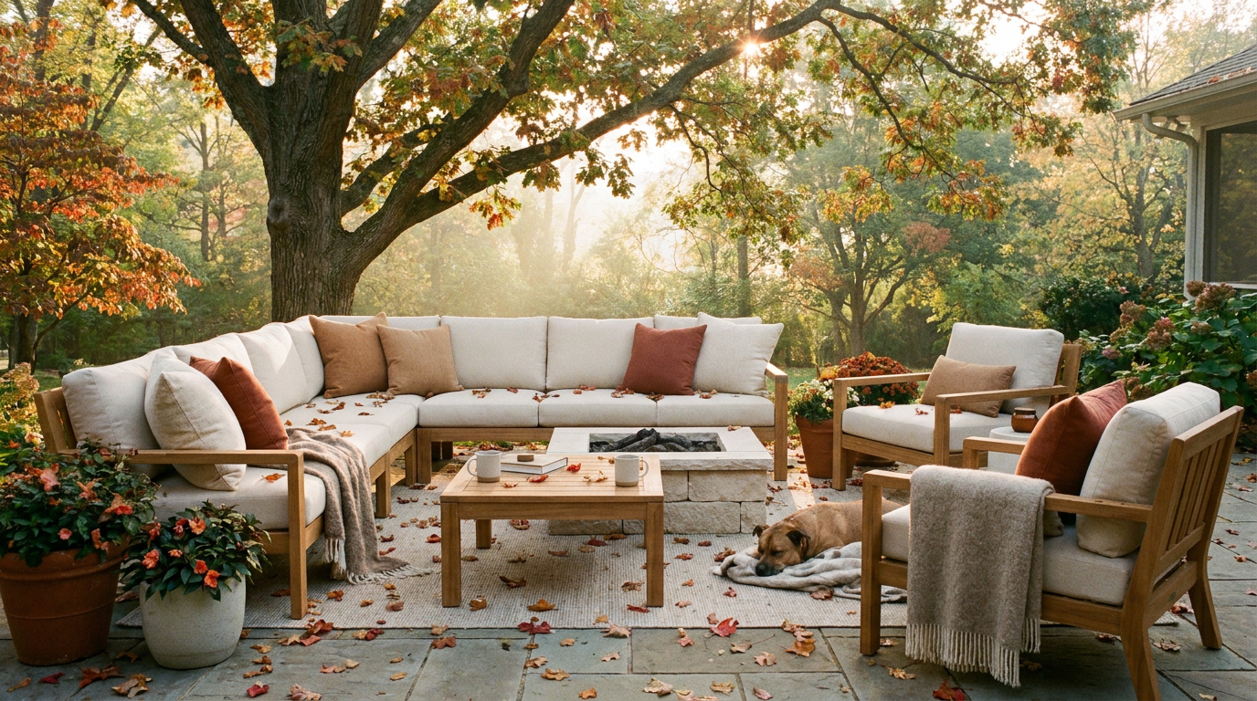 Tidy, freshly maintained outdoor patio setting at the change of season with autumn leaves